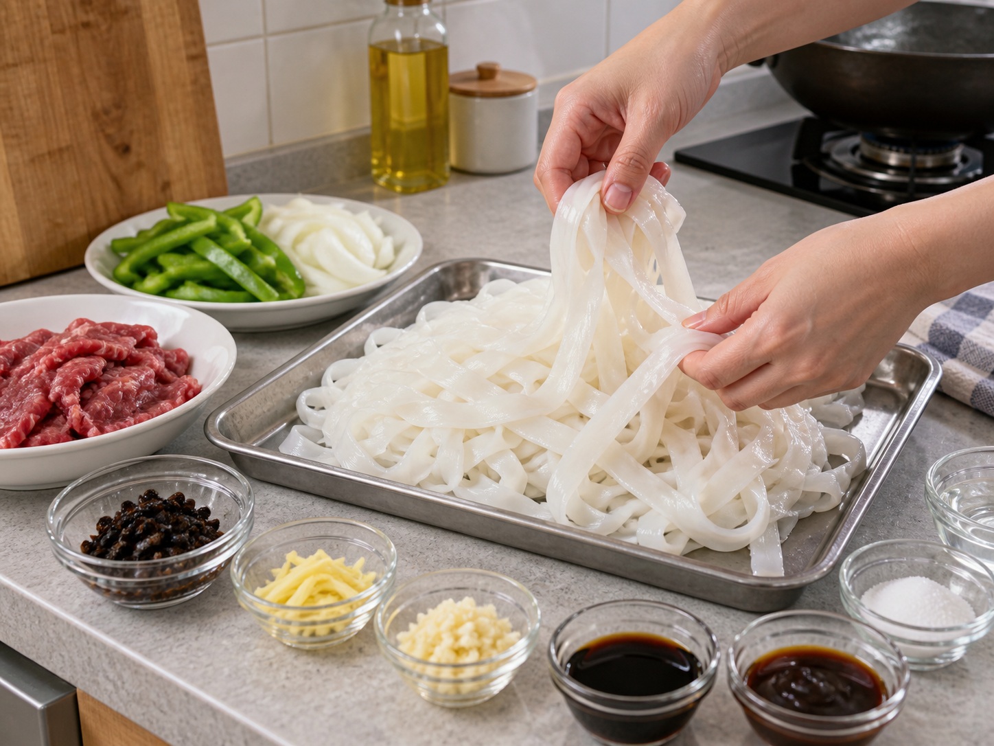Cantonese Black Bean Beef Rice Noodles — Separate the noodles