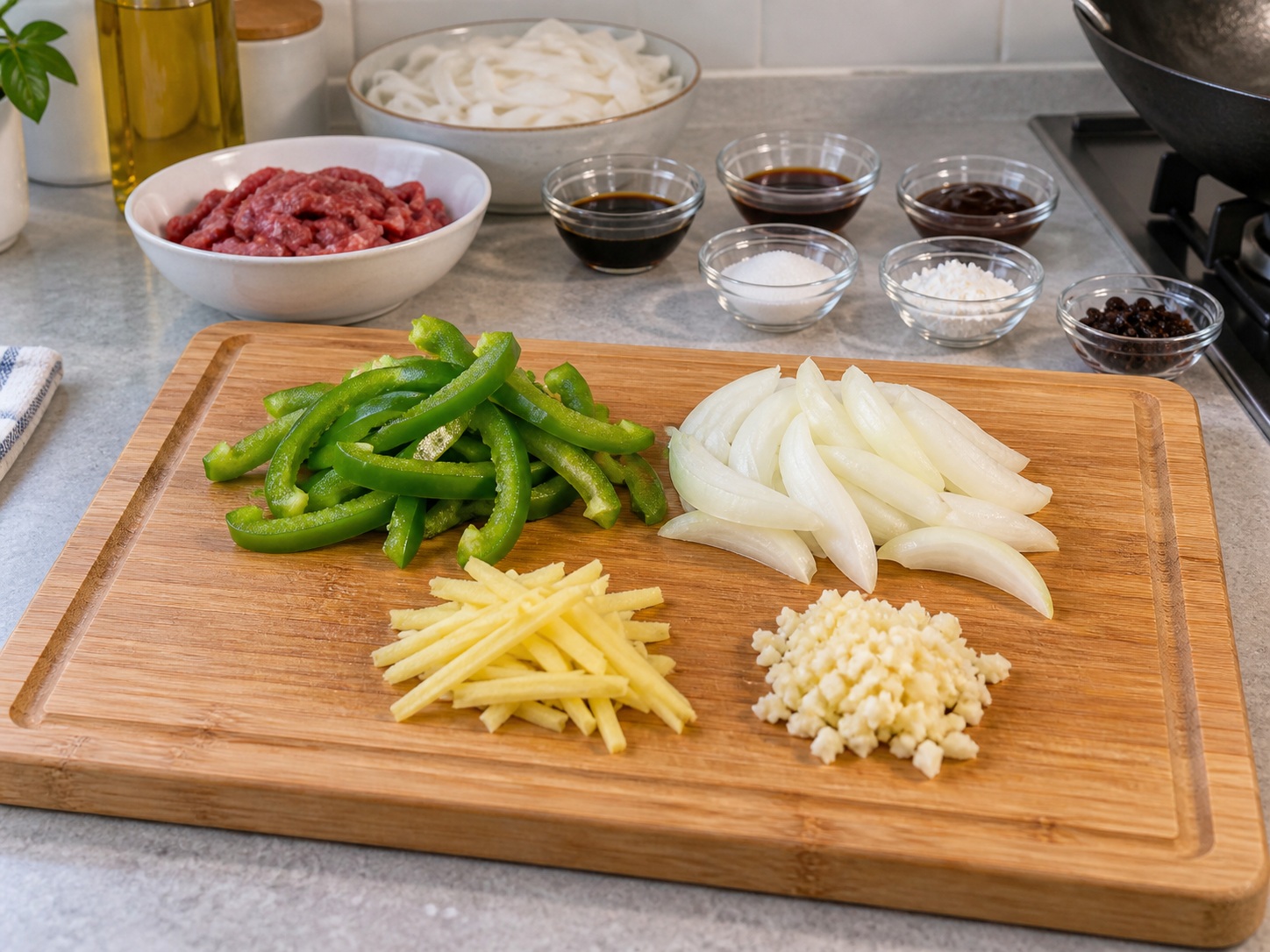 Cantonese Black Bean Beef Rice Noodles — Cut the vegetables
