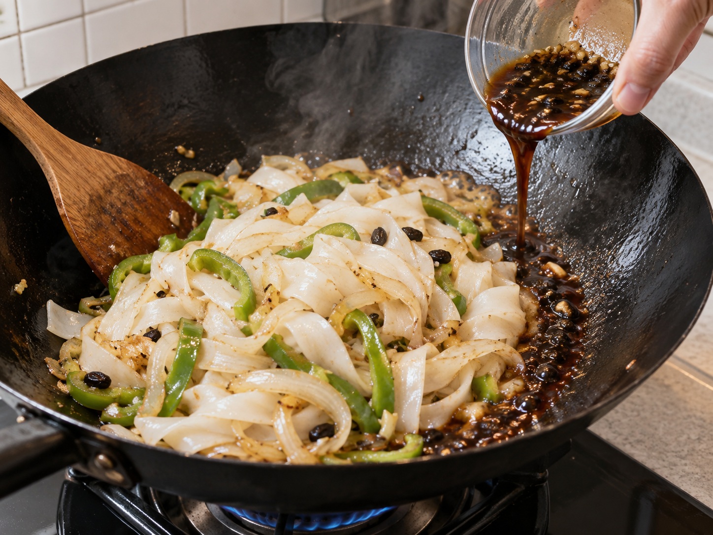 Cantonese Black Bean Beef Rice Noodles — Add the black-bean sauce