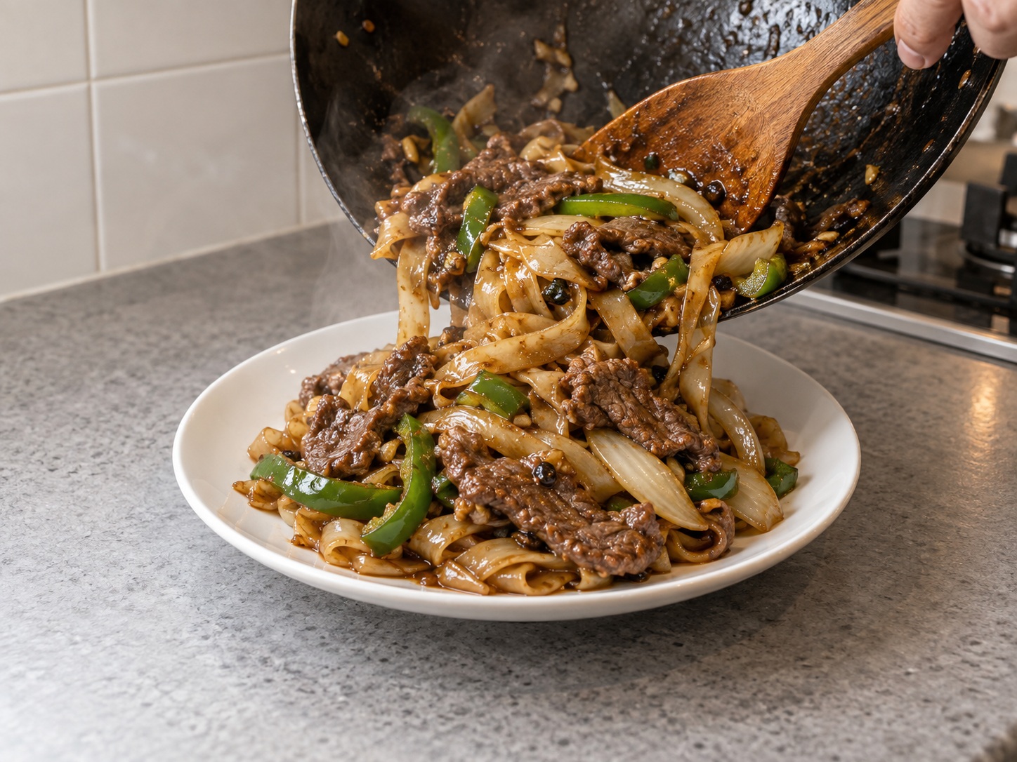 Cantonese Black Bean Beef Rice Noodles — Plate