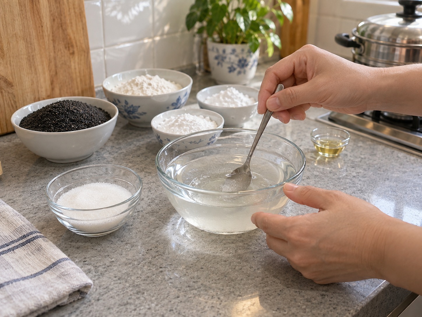 Cantonese Black Sesame Rolls — Dissolve sugar in 200 ml hot water and cool
