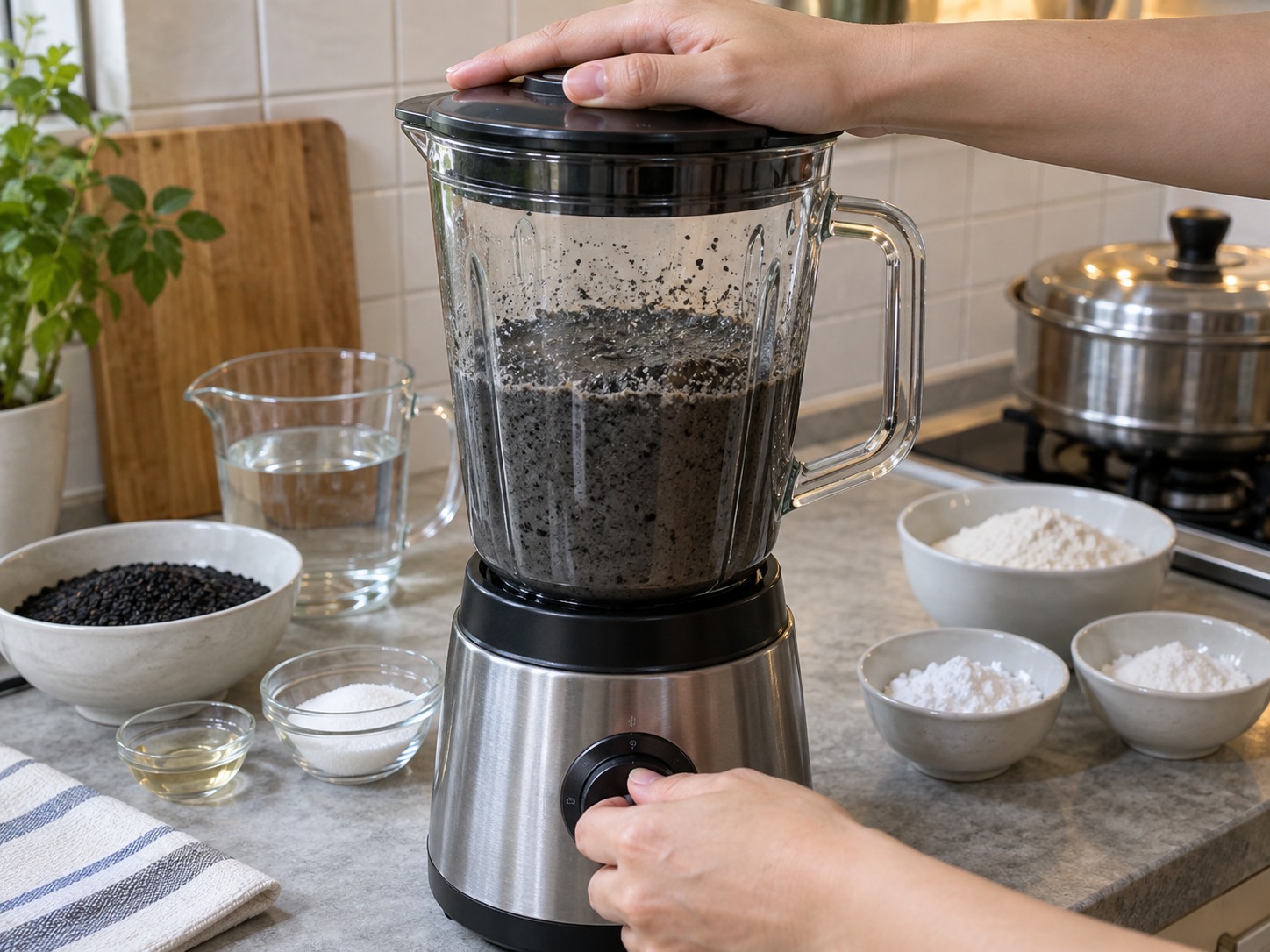Cantonese Black Sesame Rolls — Blend sesame with the remaining water until very smooth