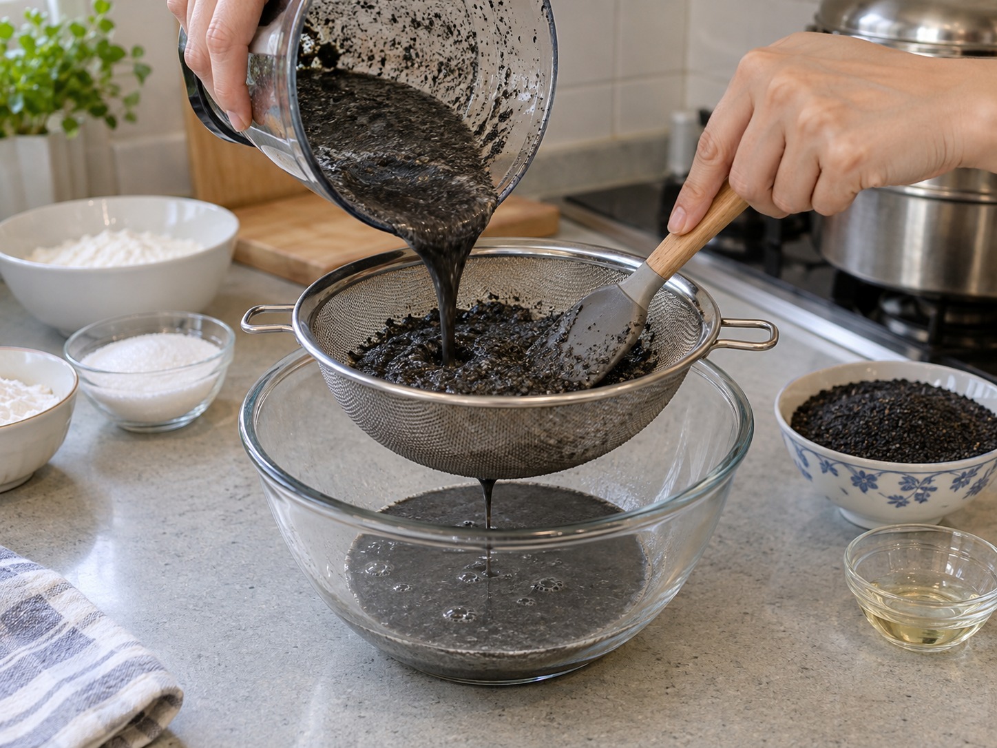 Cantonese Black Sesame Rolls — Pass the sesame liquid through a fine sieve and press out all liquid