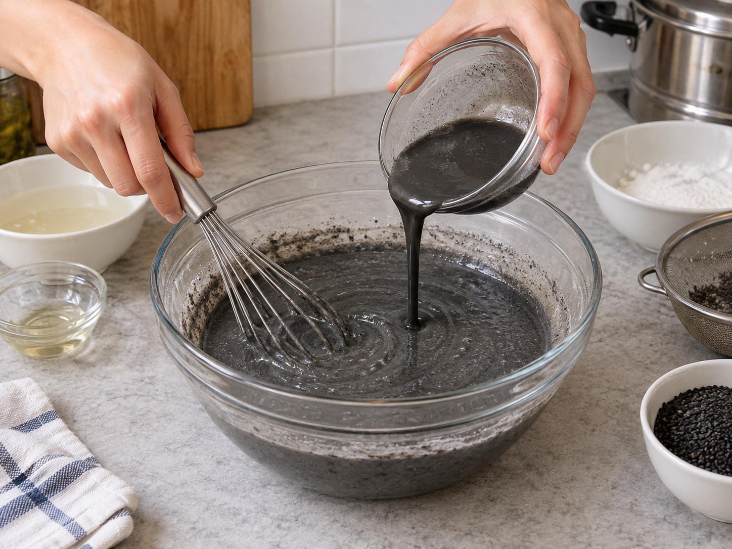 Cantonese Black Sesame Rolls — Whisk in sugar water and sesame liquid until lump-free
