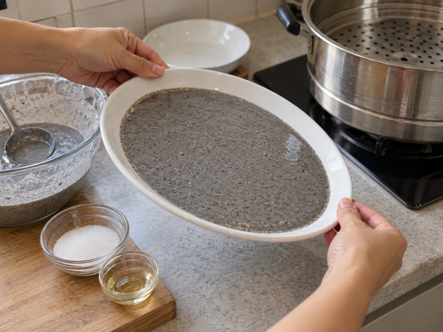 Cantonese Black Sesame Rolls — Stir batter, pour a thin layer and tilt the plate to level it