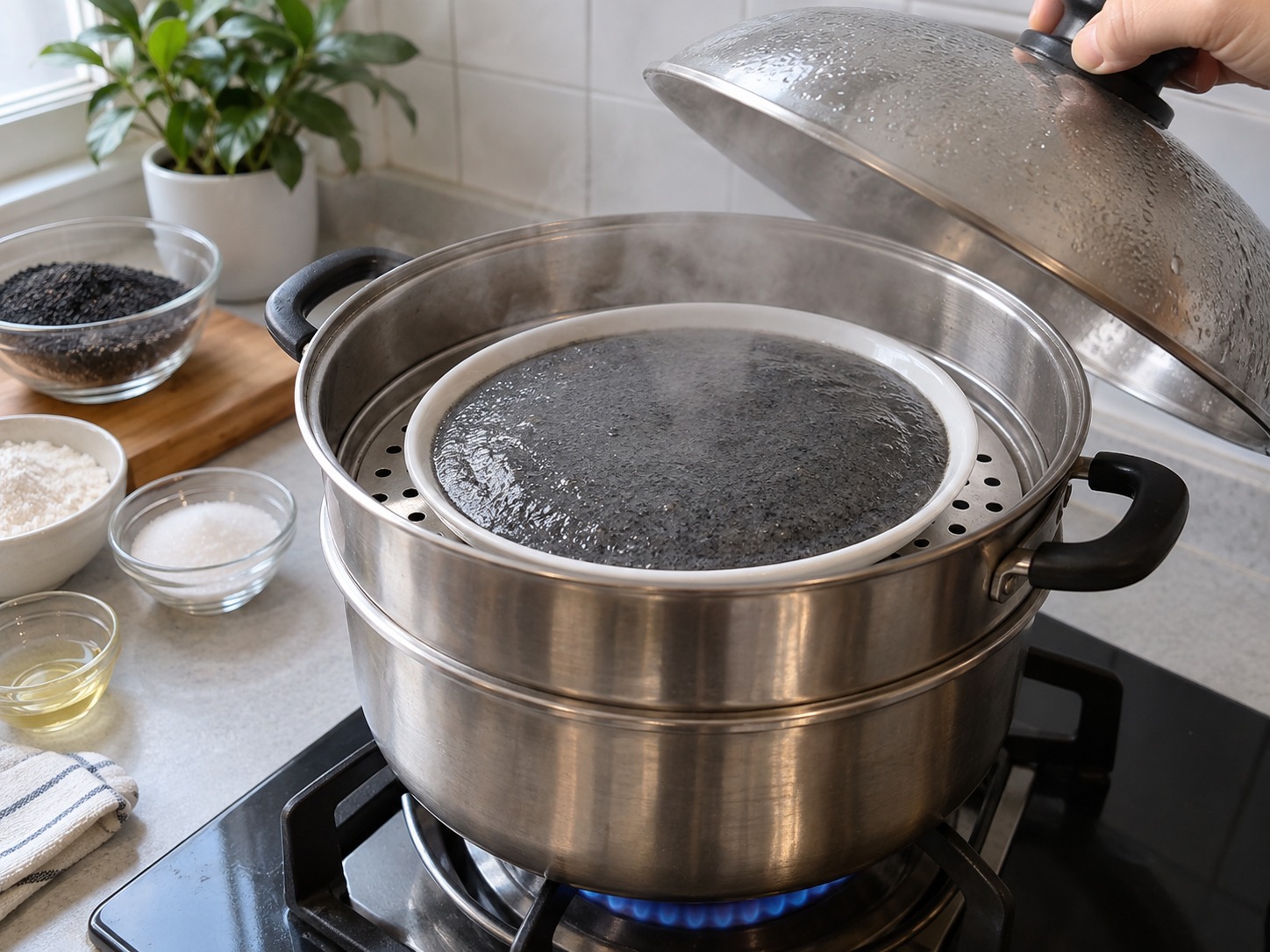 Cantonese Black Sesame Rolls — Steam on high for three to four minutes until fully set