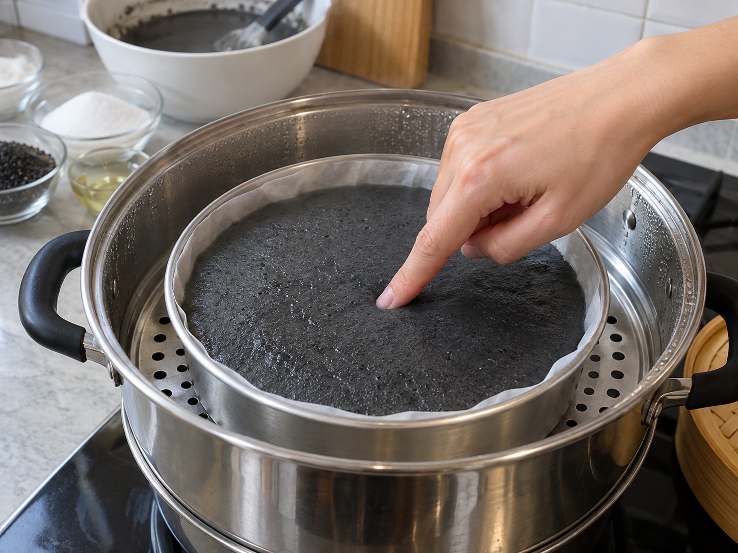 Cantonese Black Sesame Rolls — Touch the centre to confirm it is non-sticky with no runny batter