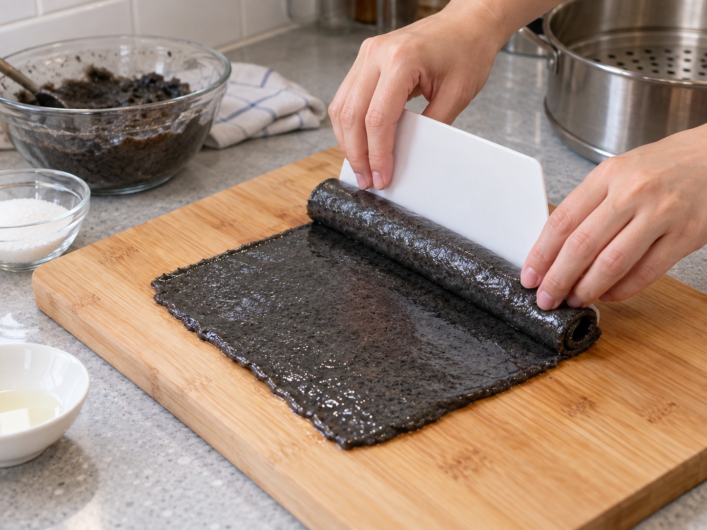 Cantonese Black Sesame Rolls — Cool briefly and use a scraper to roll tightly from one end
