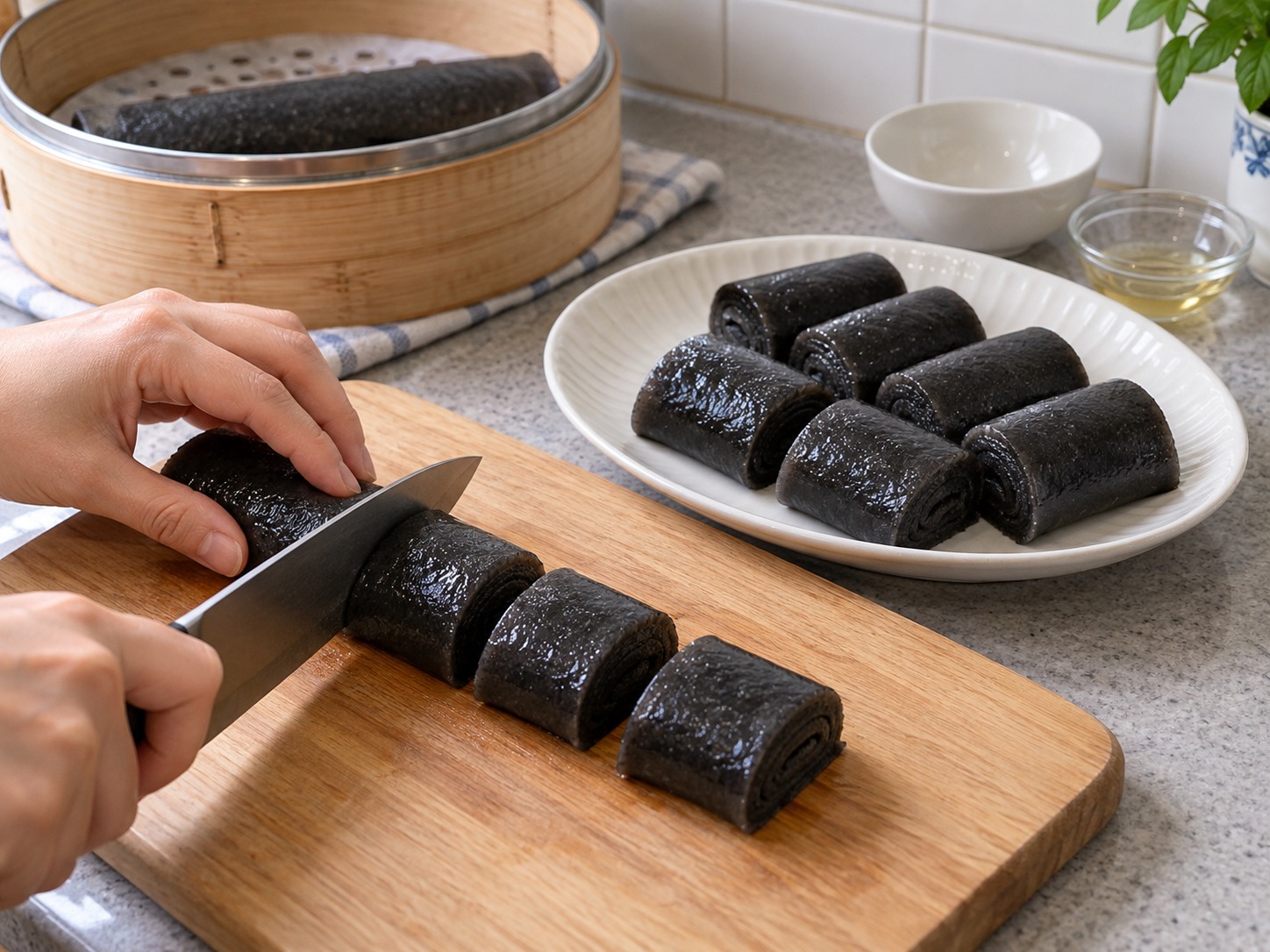 Cantonese Black Sesame Rolls — Repeat with all batter, cut the rolls into sections and serve