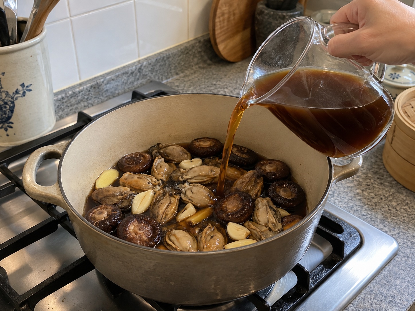 蠔豉髮菜炆冬菇 — 開始炆煮