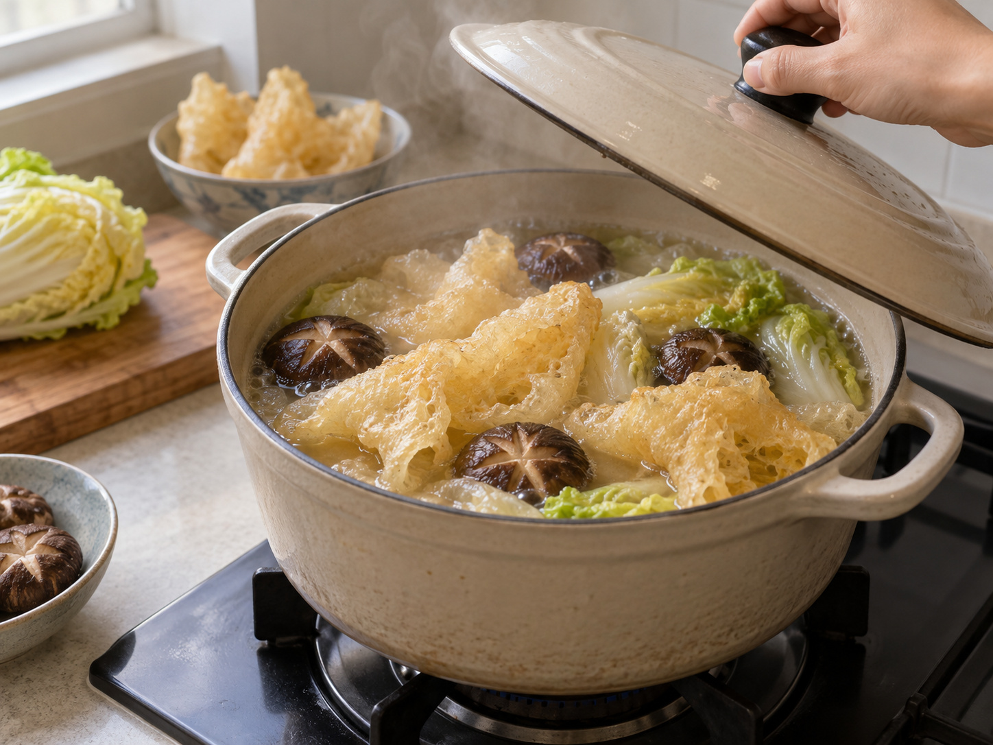 Perut Ikan Rebus Kanton dengan Jamur Shiitake — Rebus perlahan