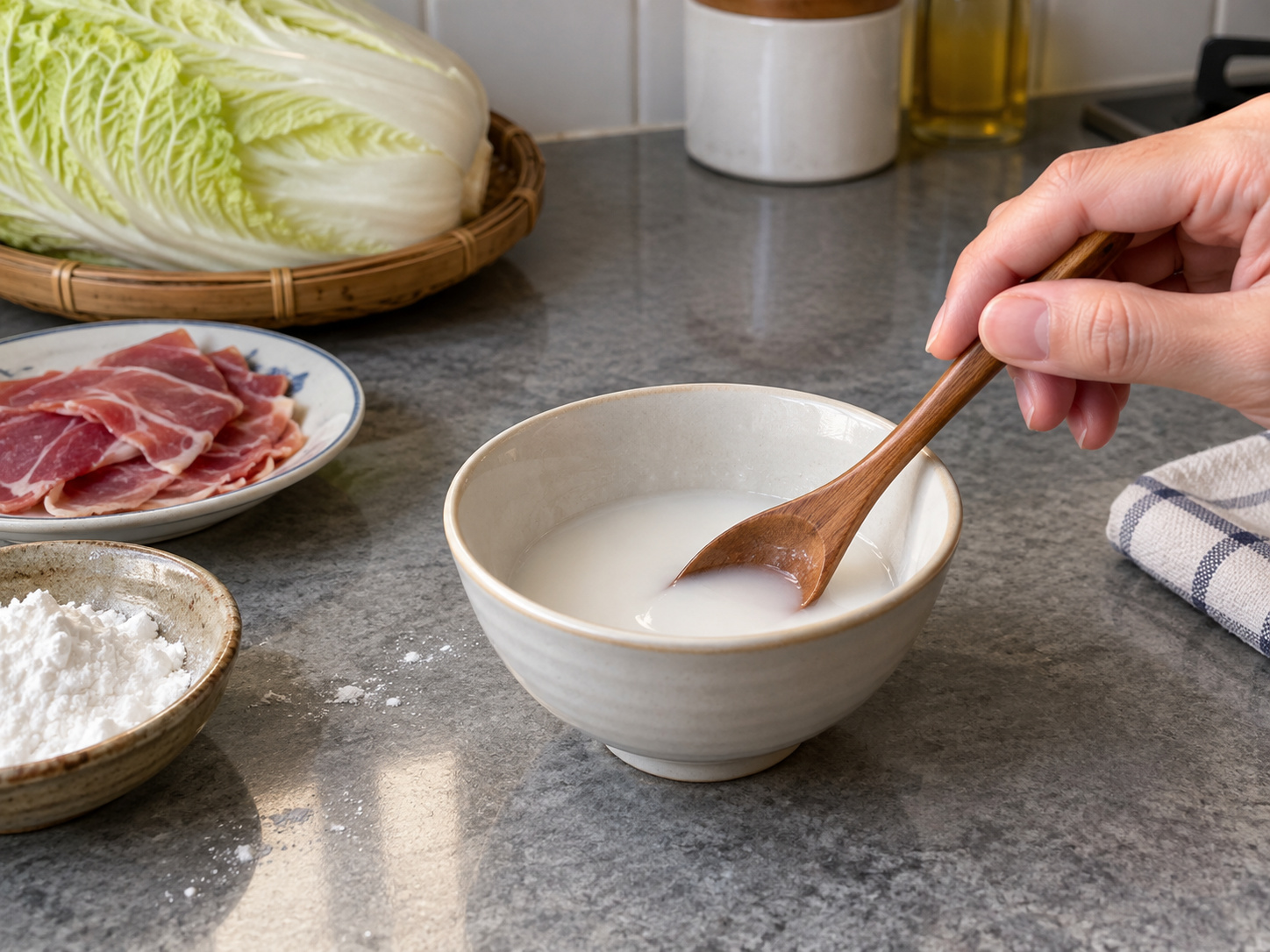 Cantonese Braised Napa Cabbage na may Jinhua Ham — Paghaluin ang slurry