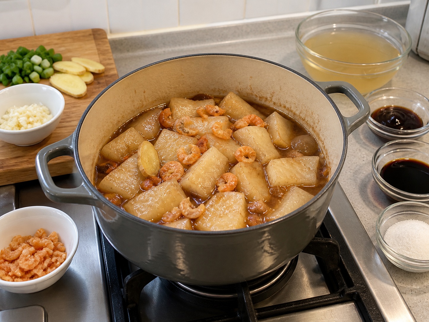 Cantonese Braised Pomelo Pith na may Shrimp Roe — Ilagay ang braising liquid