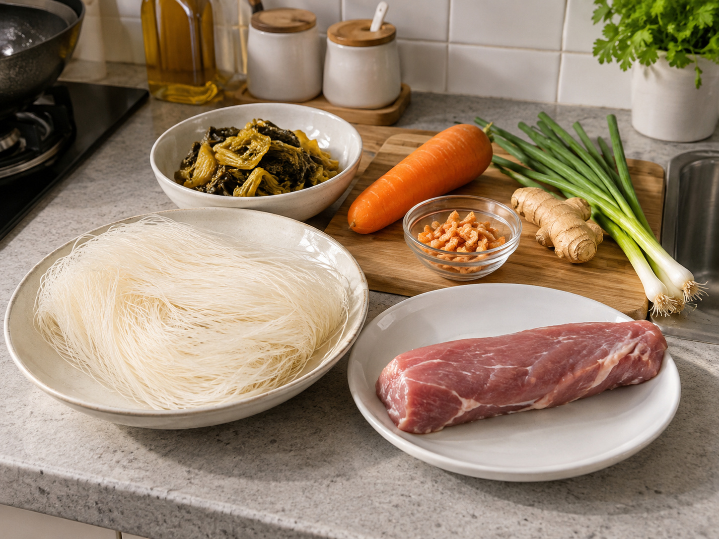 Bihun Rebus dengan Babi dan Sawi Asin — bahan