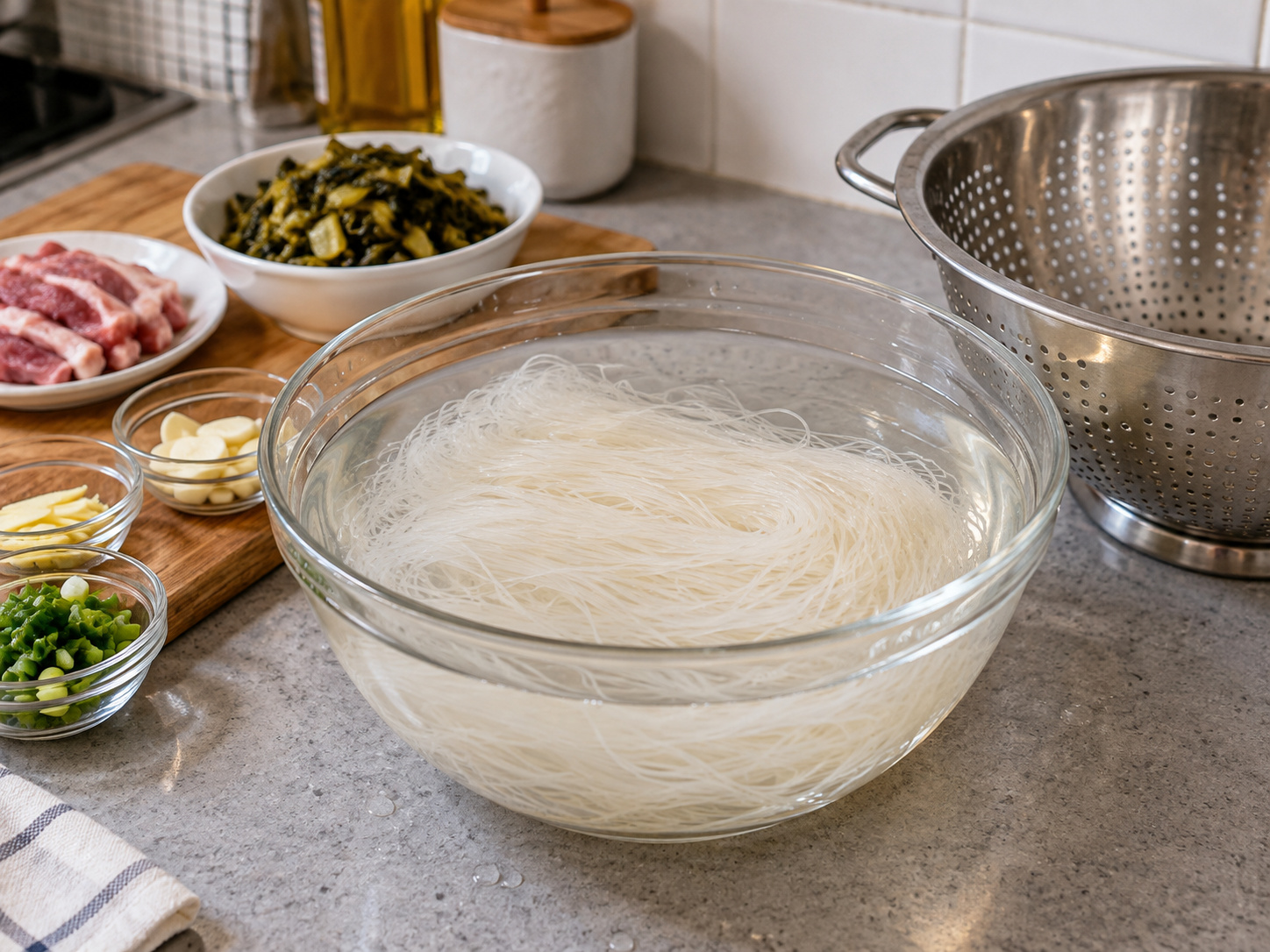 Bihun Rebus dengan Babi dan Sawi Asin — Rendam bihun