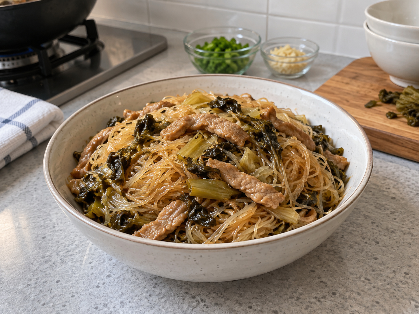 Bihun Rebus dengan Babi dan Sawi Asin — Cicipi dan sajikan