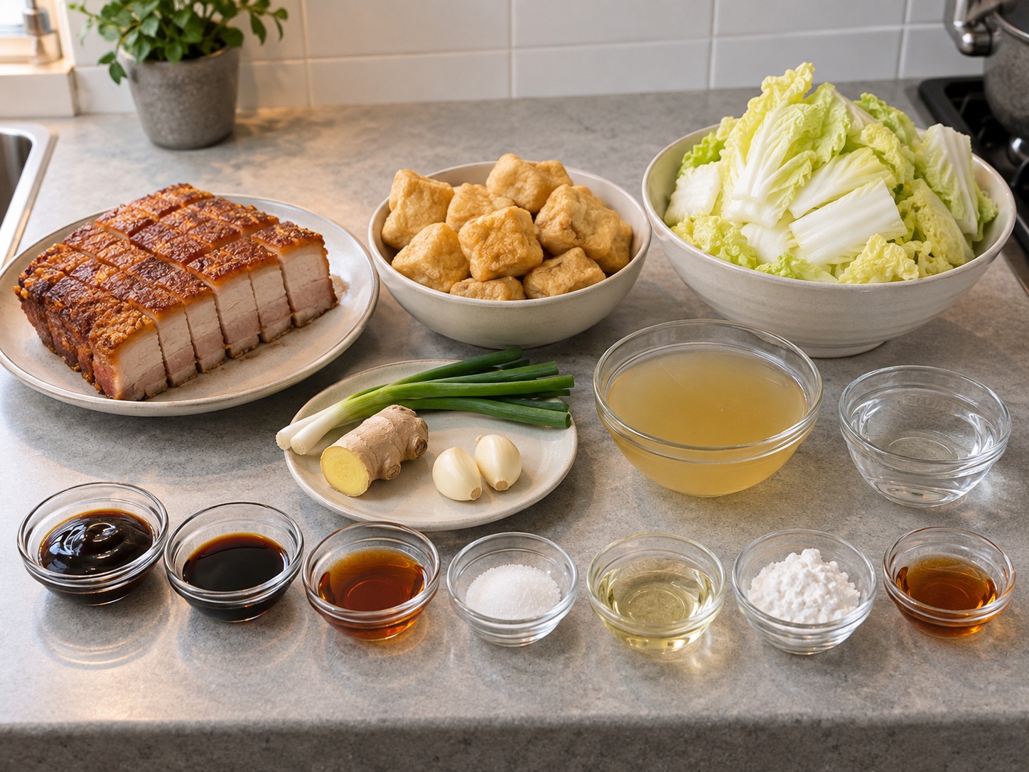 Cantonese Braised Roast Pork na may Tofu Puffs — mga sangkap