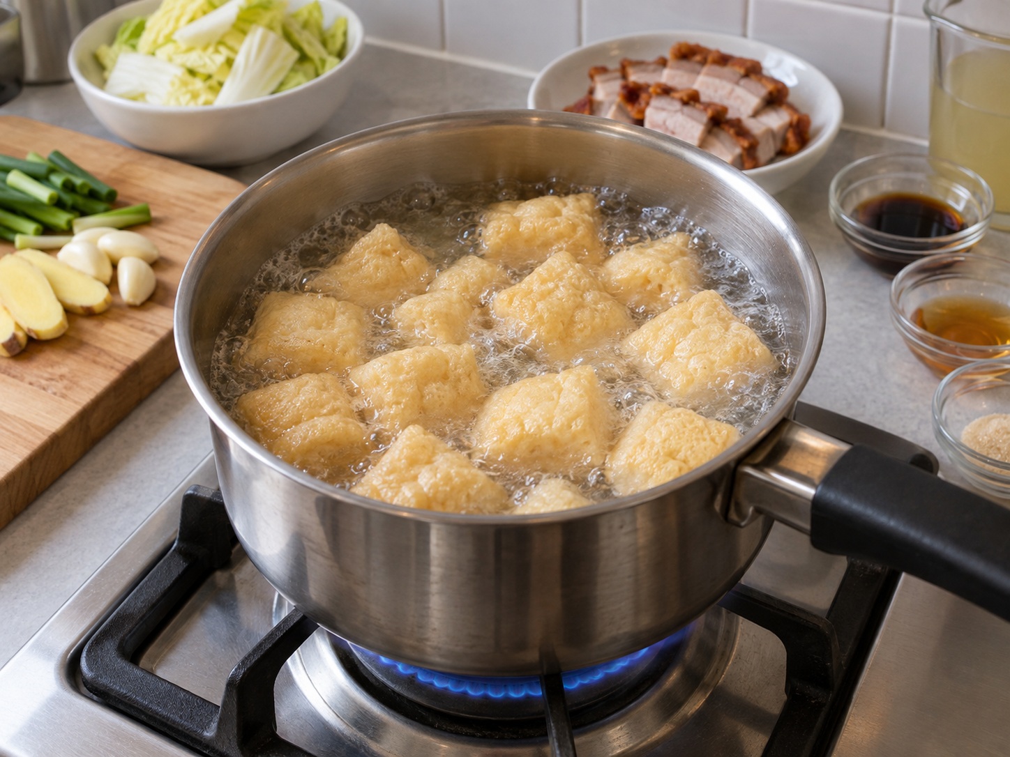 Cantonese Braised Roast Pork na may Tofu Puffs — I-blanch ang tofu