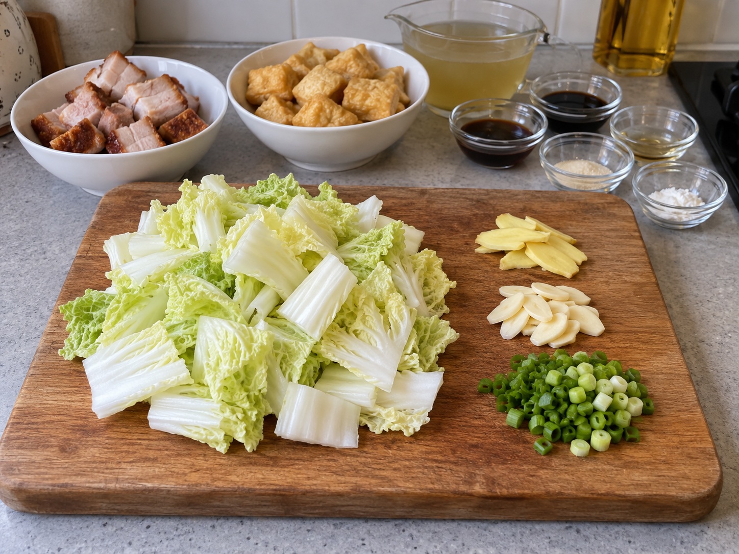 Cantonese Braised Roast Pork na may Tofu Puffs — Hiwain ang gulay