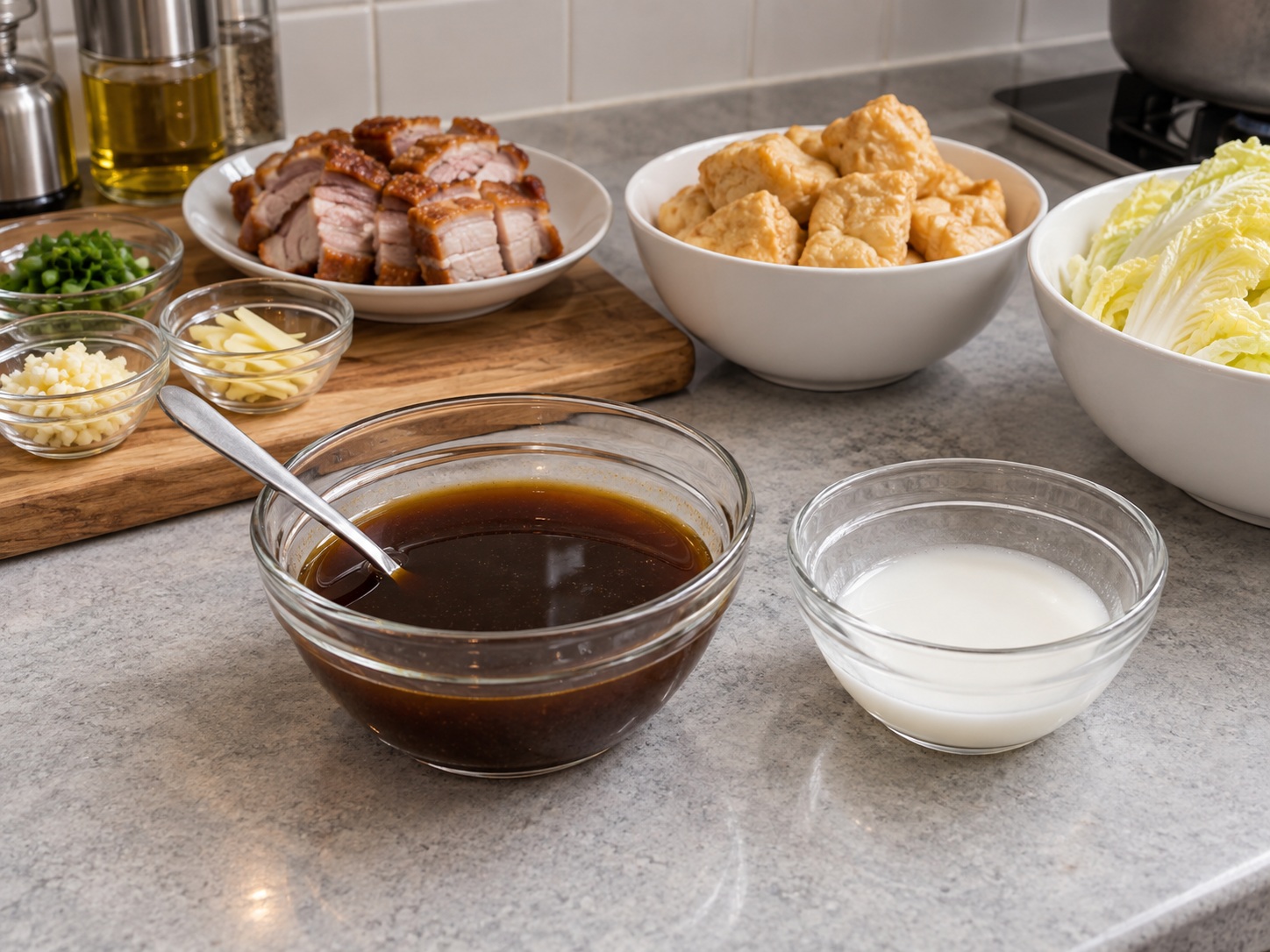 Cantonese Braised Roast Pork na may Tofu Puffs — Haluin ang sauce