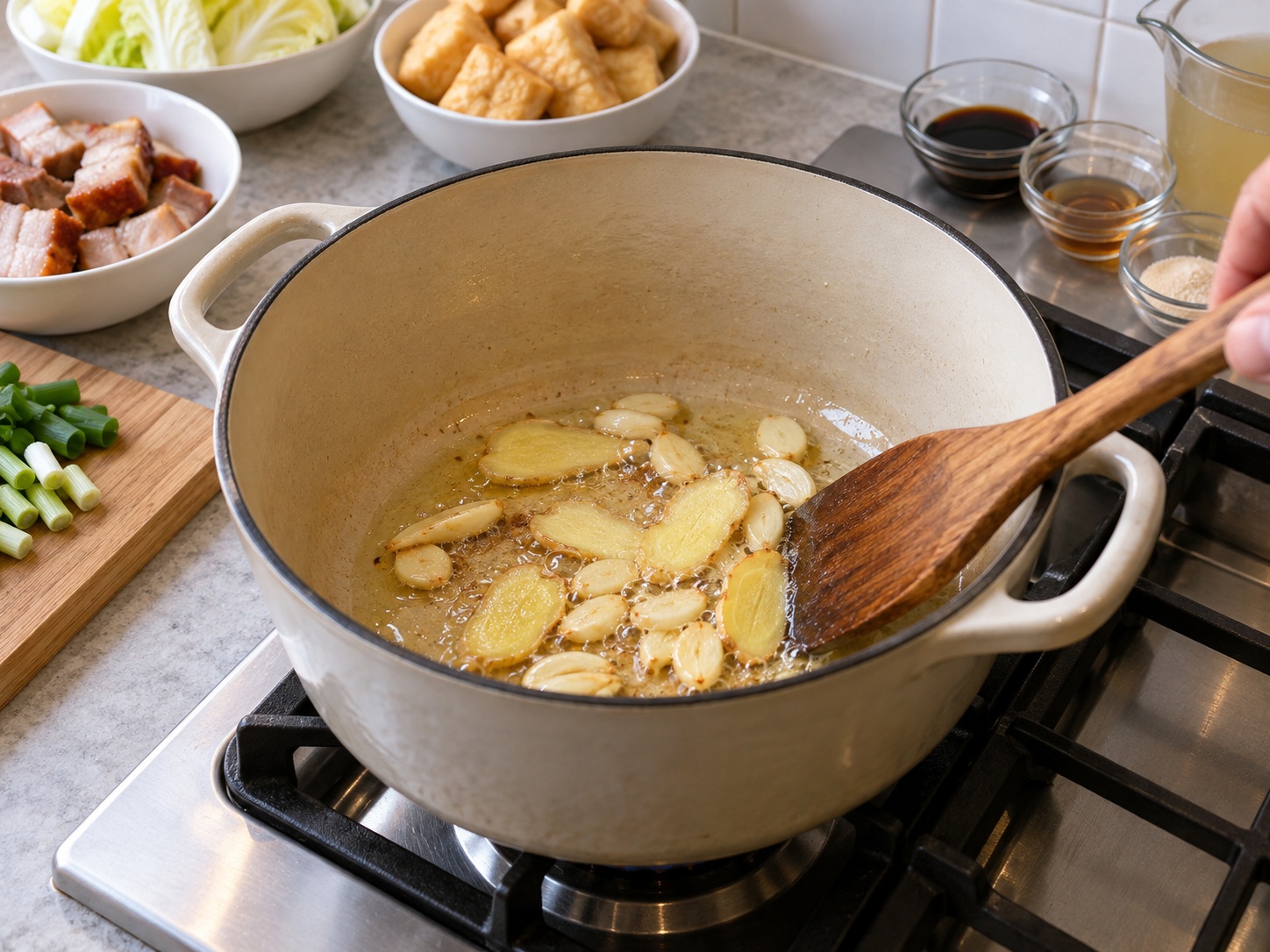 Cantonese Braised Roast Pork na may Tofu Puffs — Igisa ang luya at bawang