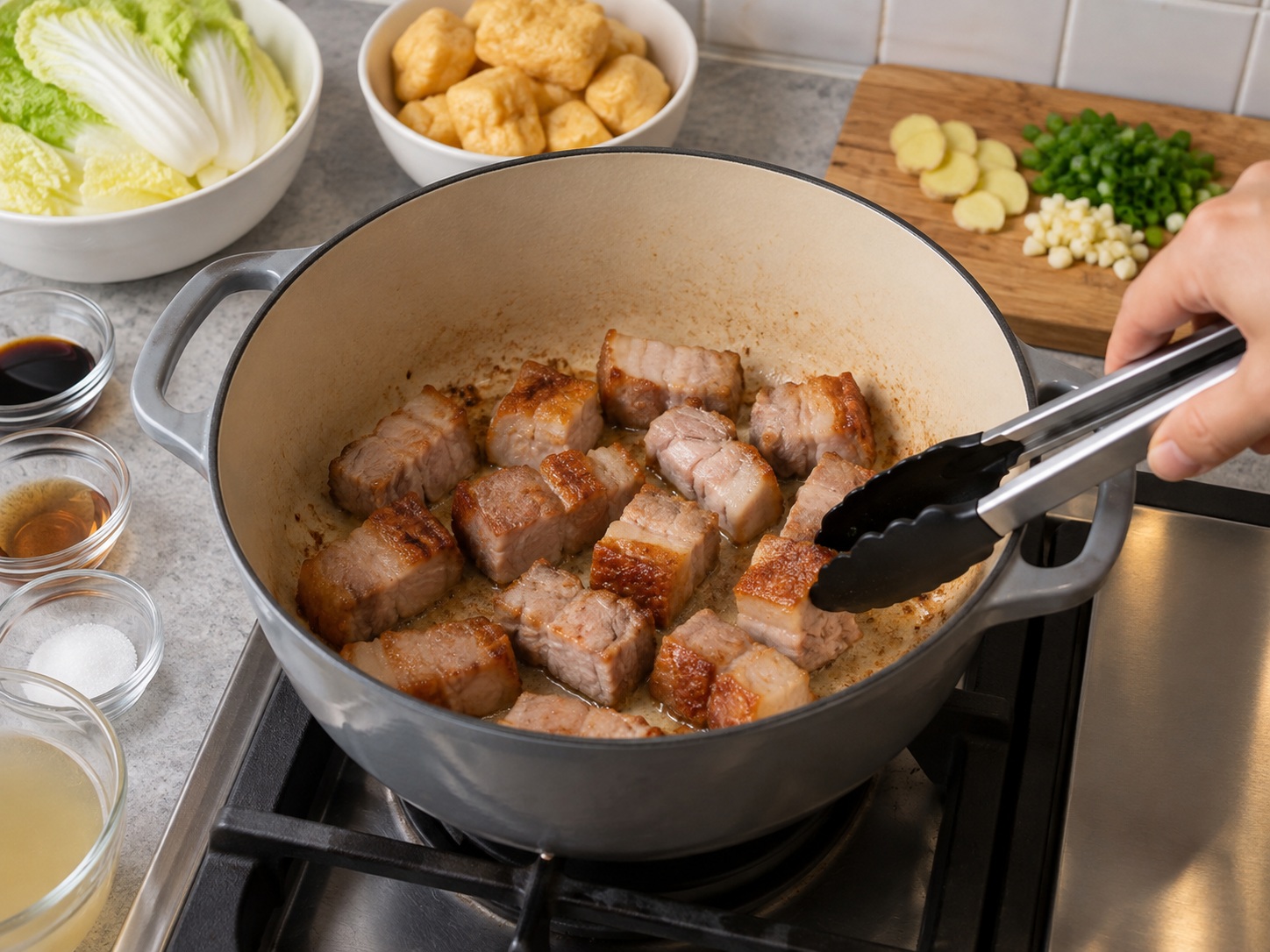 Cantonese Braised Roast Pork na may Tofu Puffs — I-brown ang roast pork
