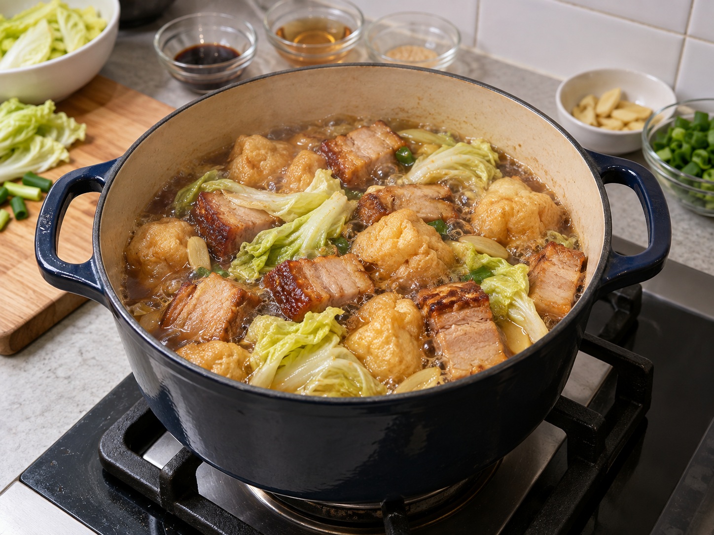 Cantonese Braised Roast Pork na may Tofu Puffs — Idagdag ang sauce at tofu