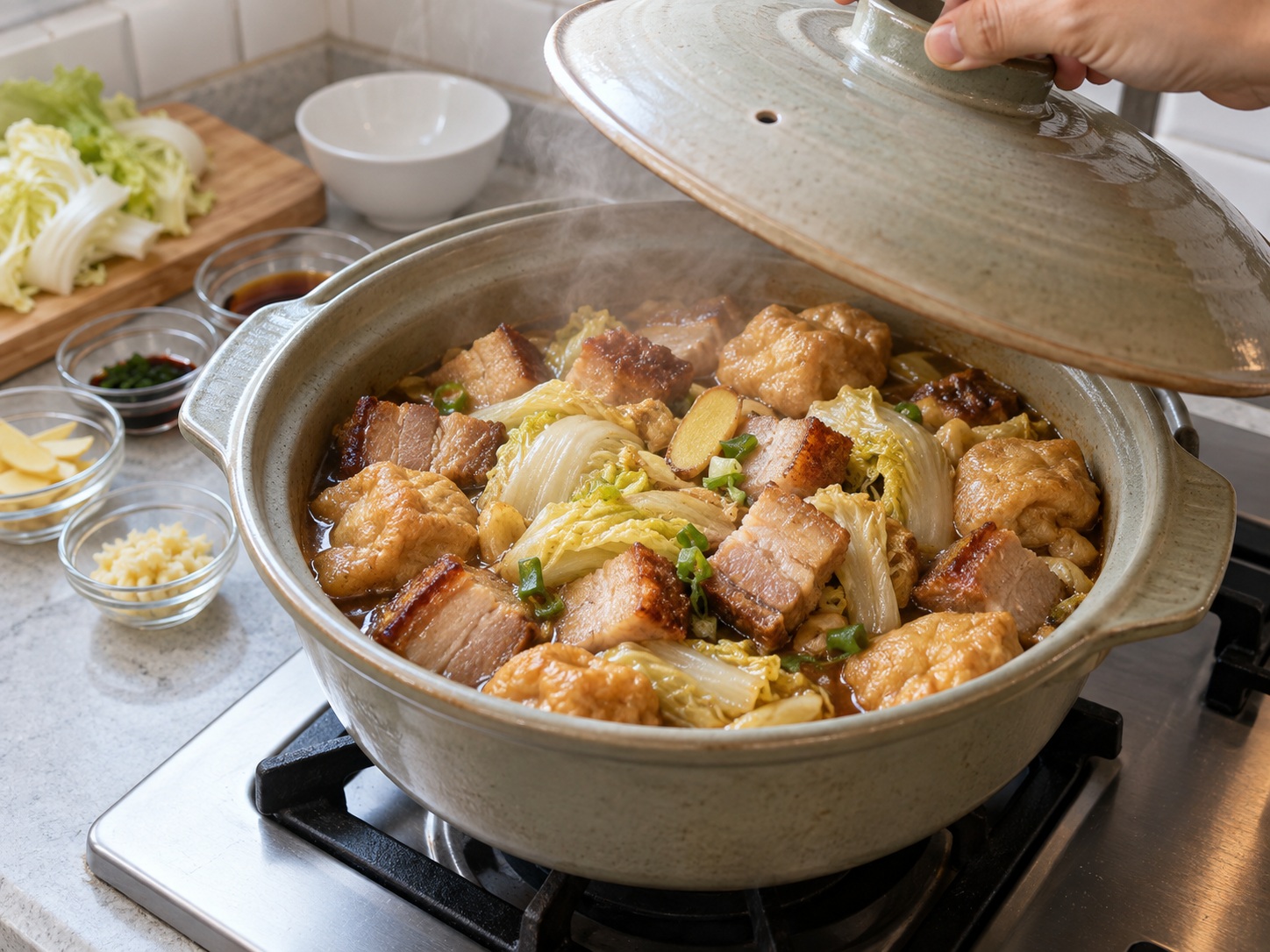 Cantonese Braised Roast Pork na may Tofu Puffs — Takpan at i-braise