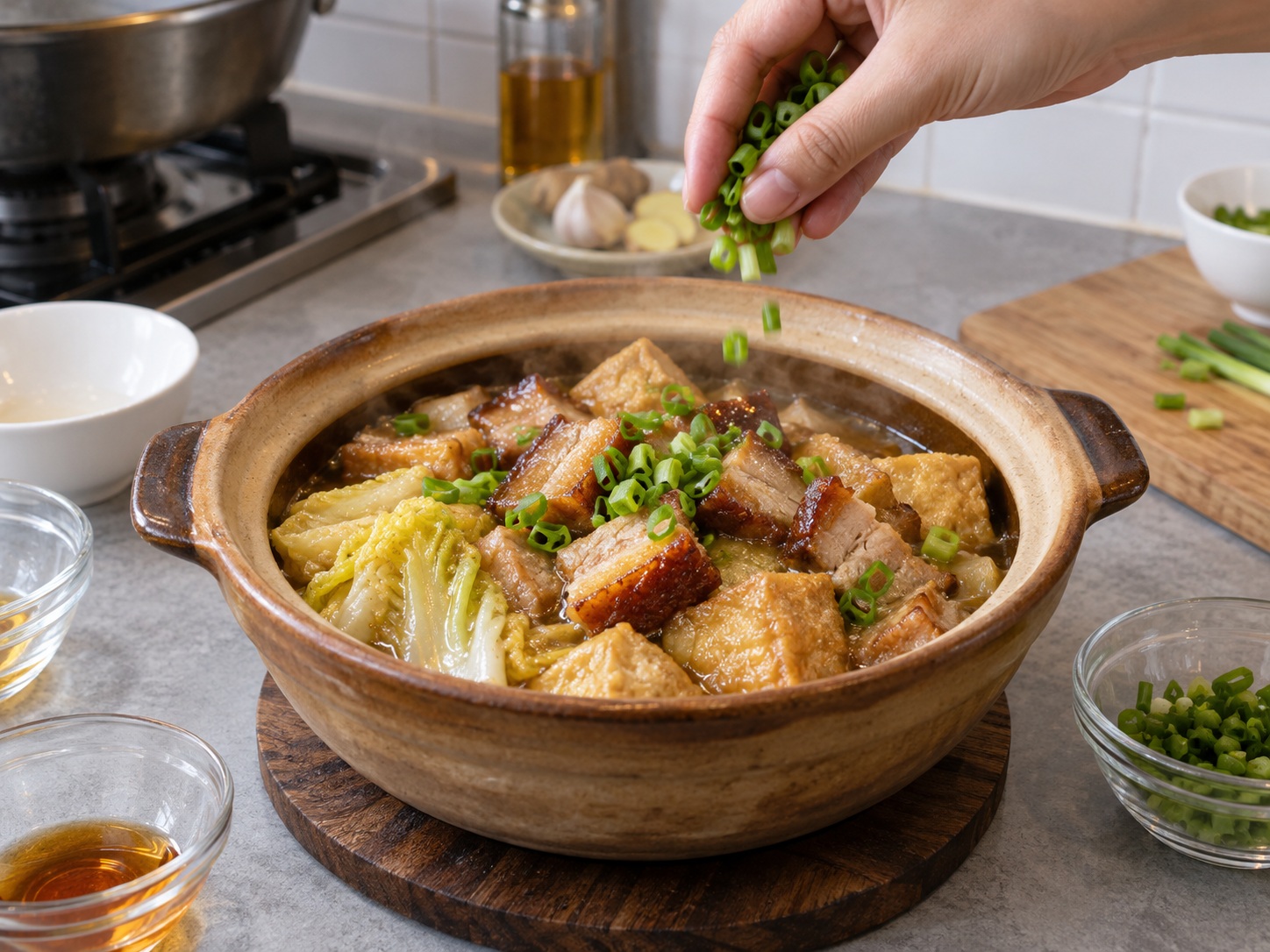 Cantonese Braised Roast Pork na may Tofu Puffs — Tapusin sa sesame oil