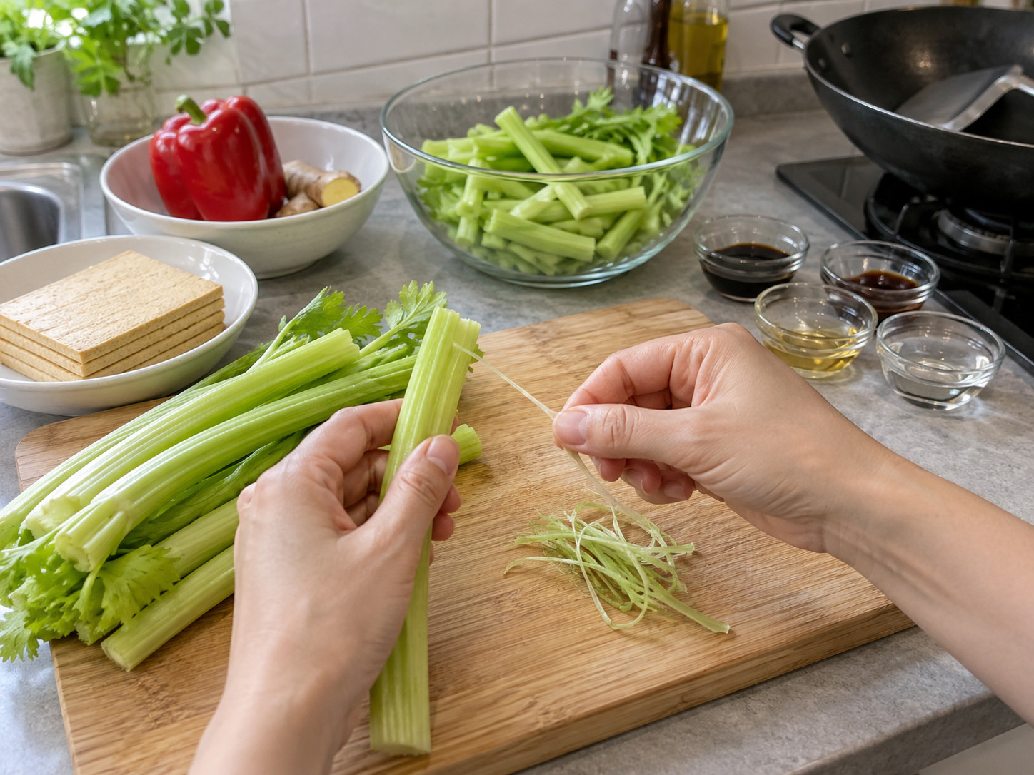Stir-Fried Celery with Dried Tofu — Remove strings