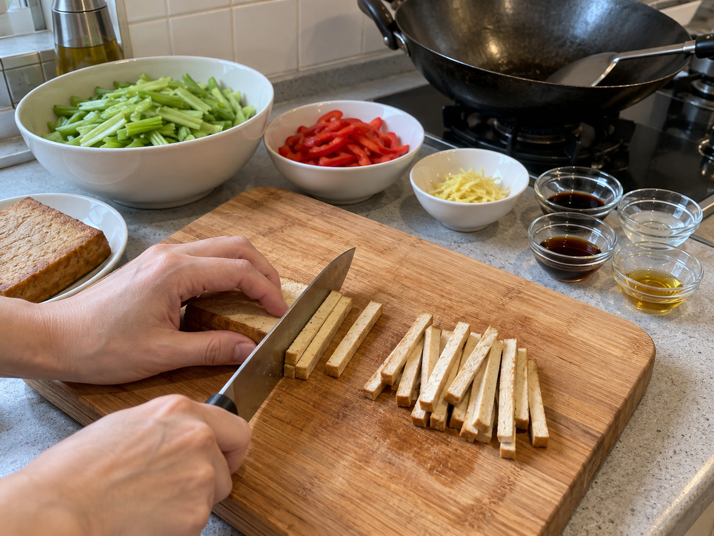 Stir-Fried Celery with Dried Tofu — Cut tofu