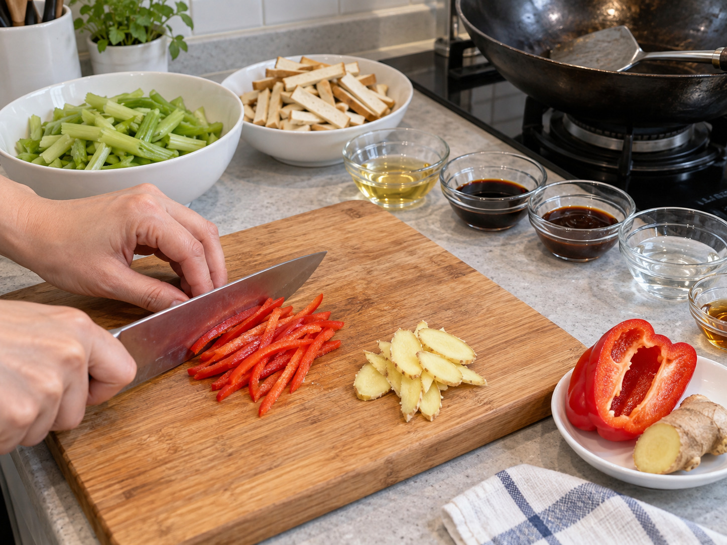 Stir-Fried Celery with Dried Tofu — Cut aromatics