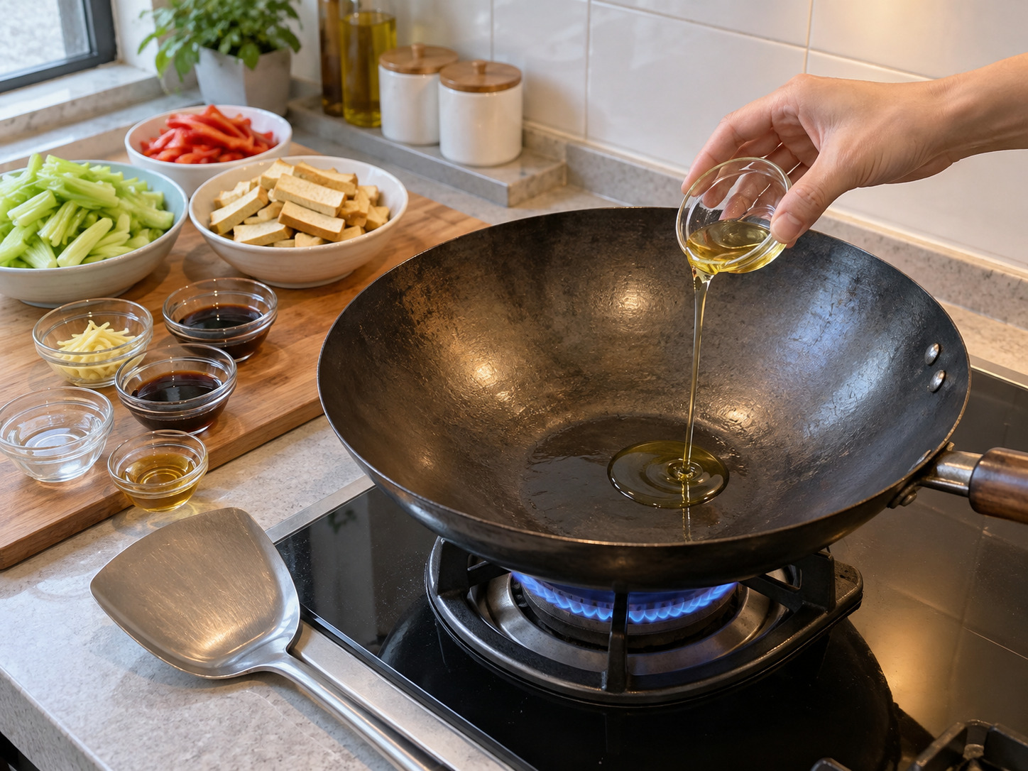 Stir-Fried Celery with Dried Tofu — Heat the wok