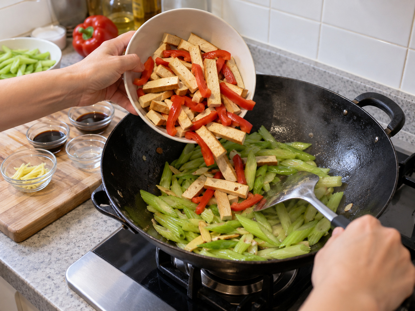 Stir-Fried Celery with Dried Tofu — Add tofu and pepper