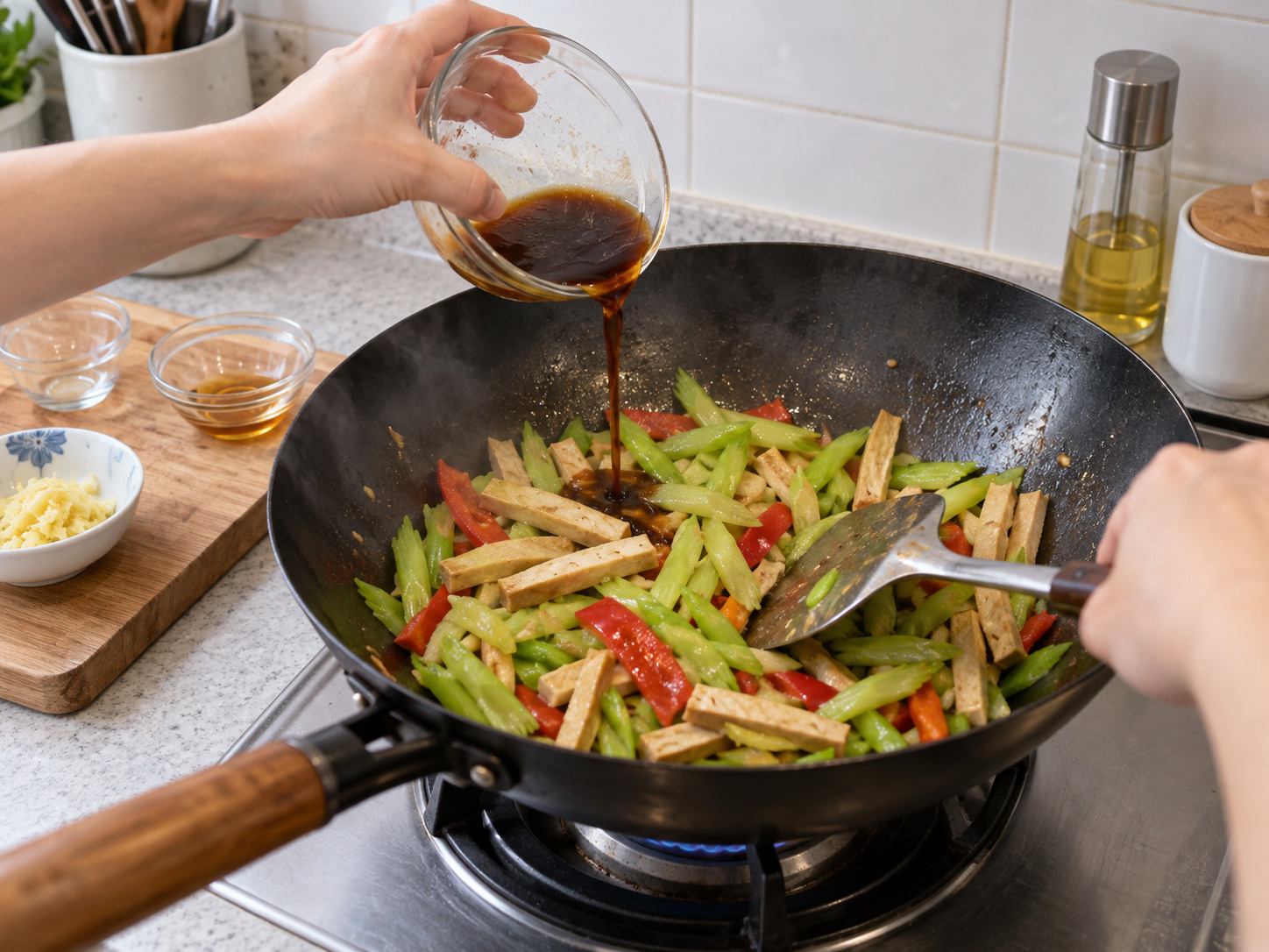 Stir-Fried Celery with Dried Tofu — Add sauce