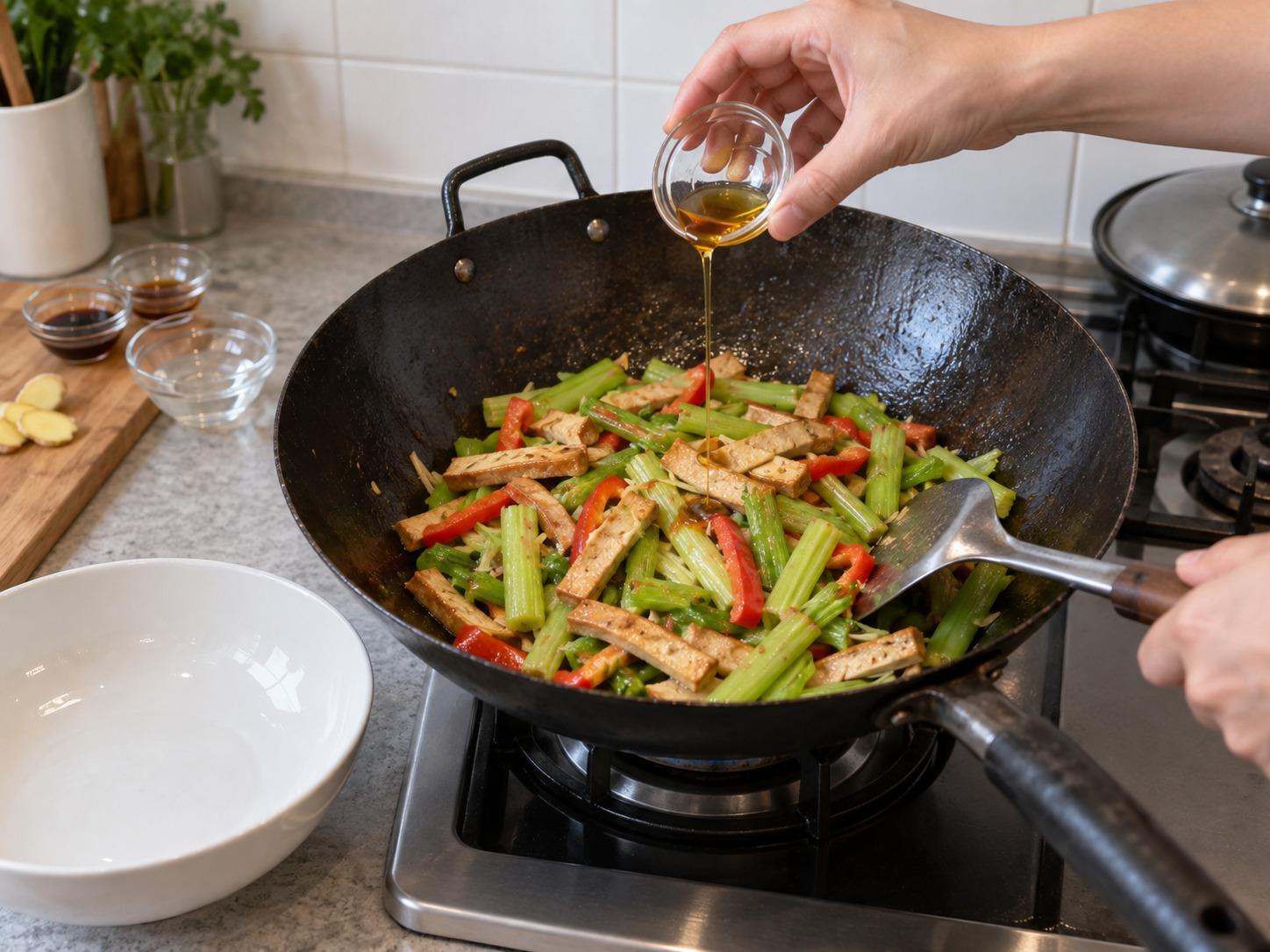 Stir-Fried Celery with Dried Tofu — Finish and serve