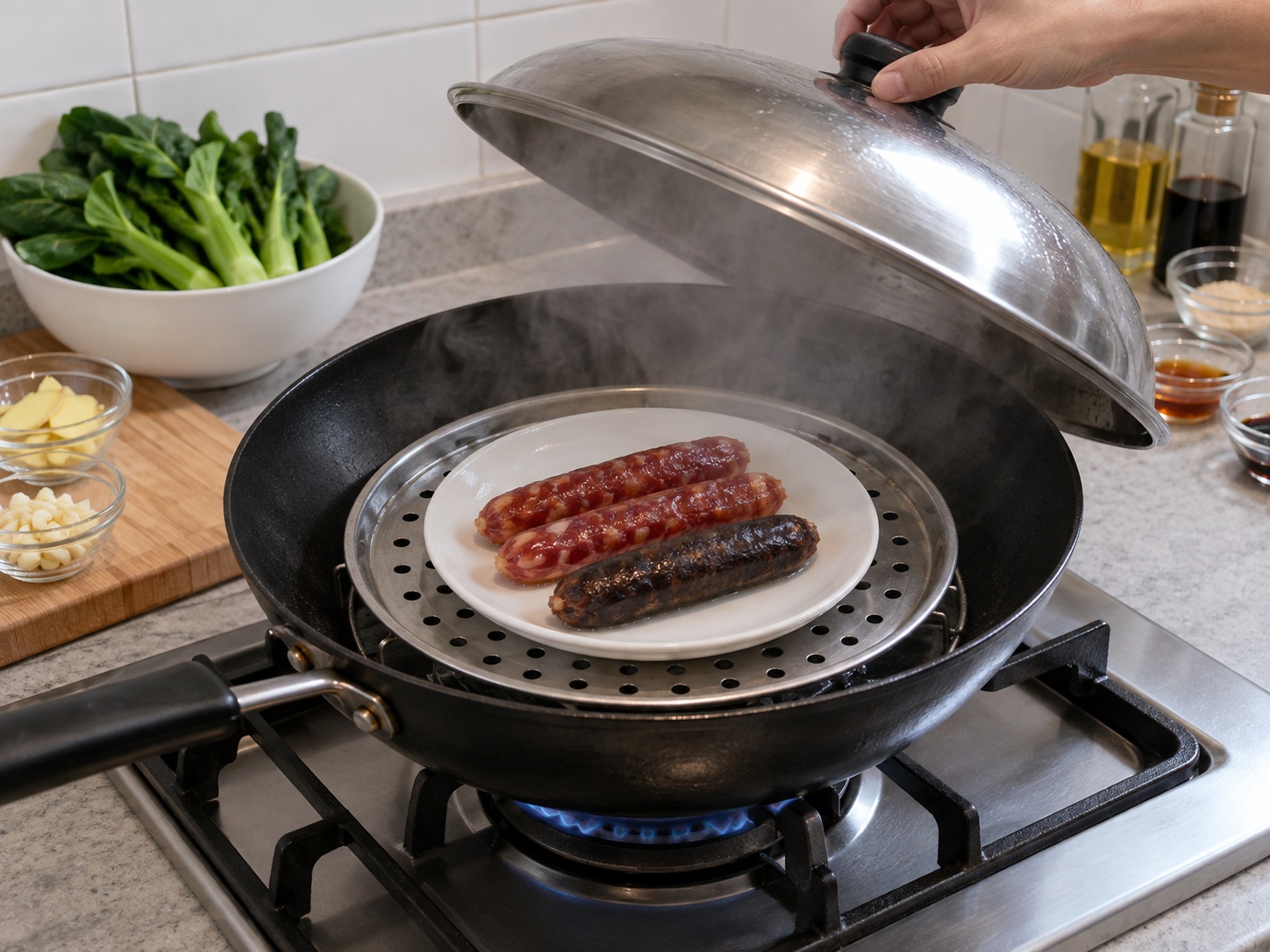 Cantonese Stir-Fried Chinese Broccoli with Cured Meats — Steam cured meats
