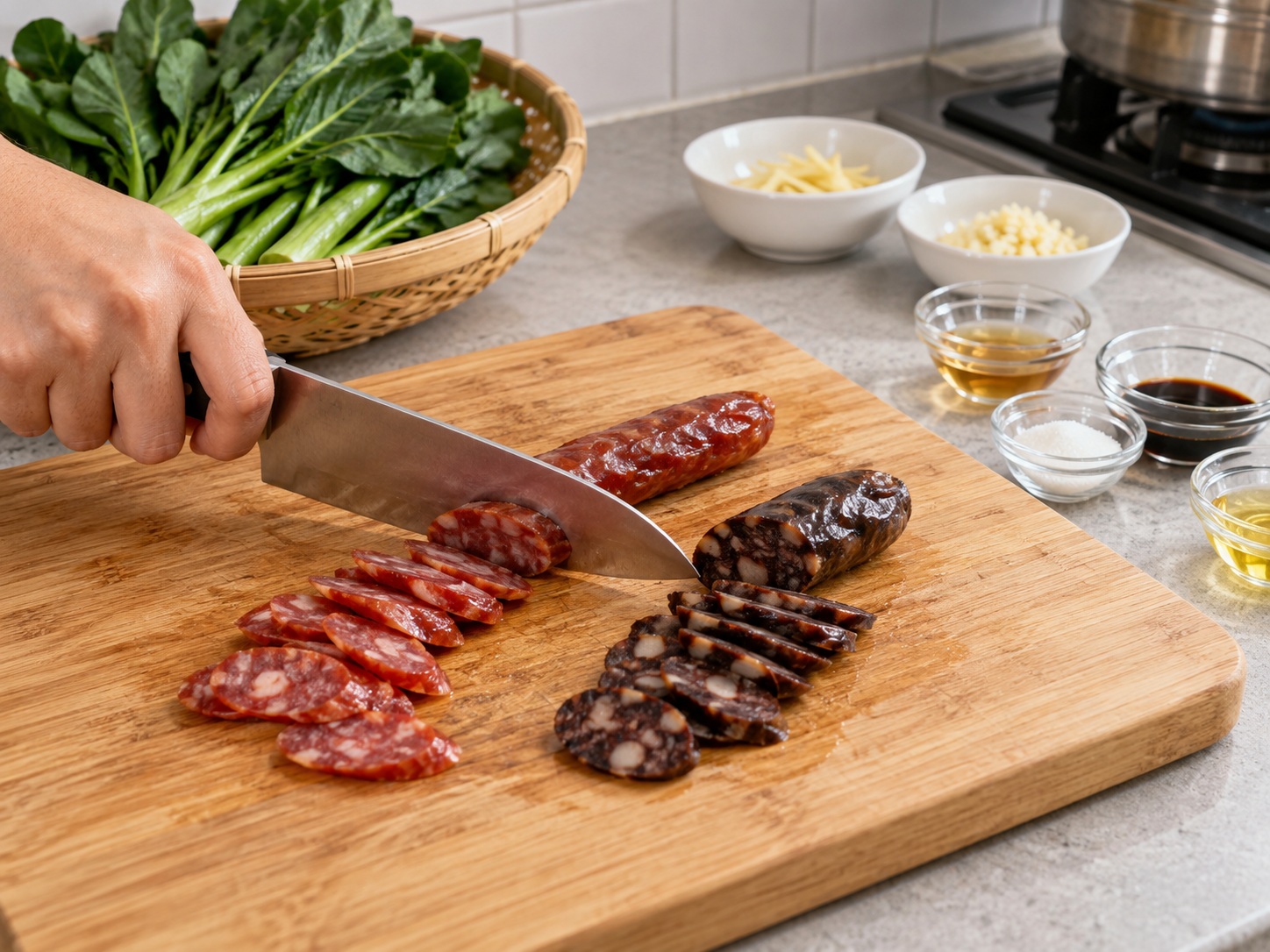 Cantonese Stir-Fried Chinese Broccoli with Cured Meats — Slice cured meats