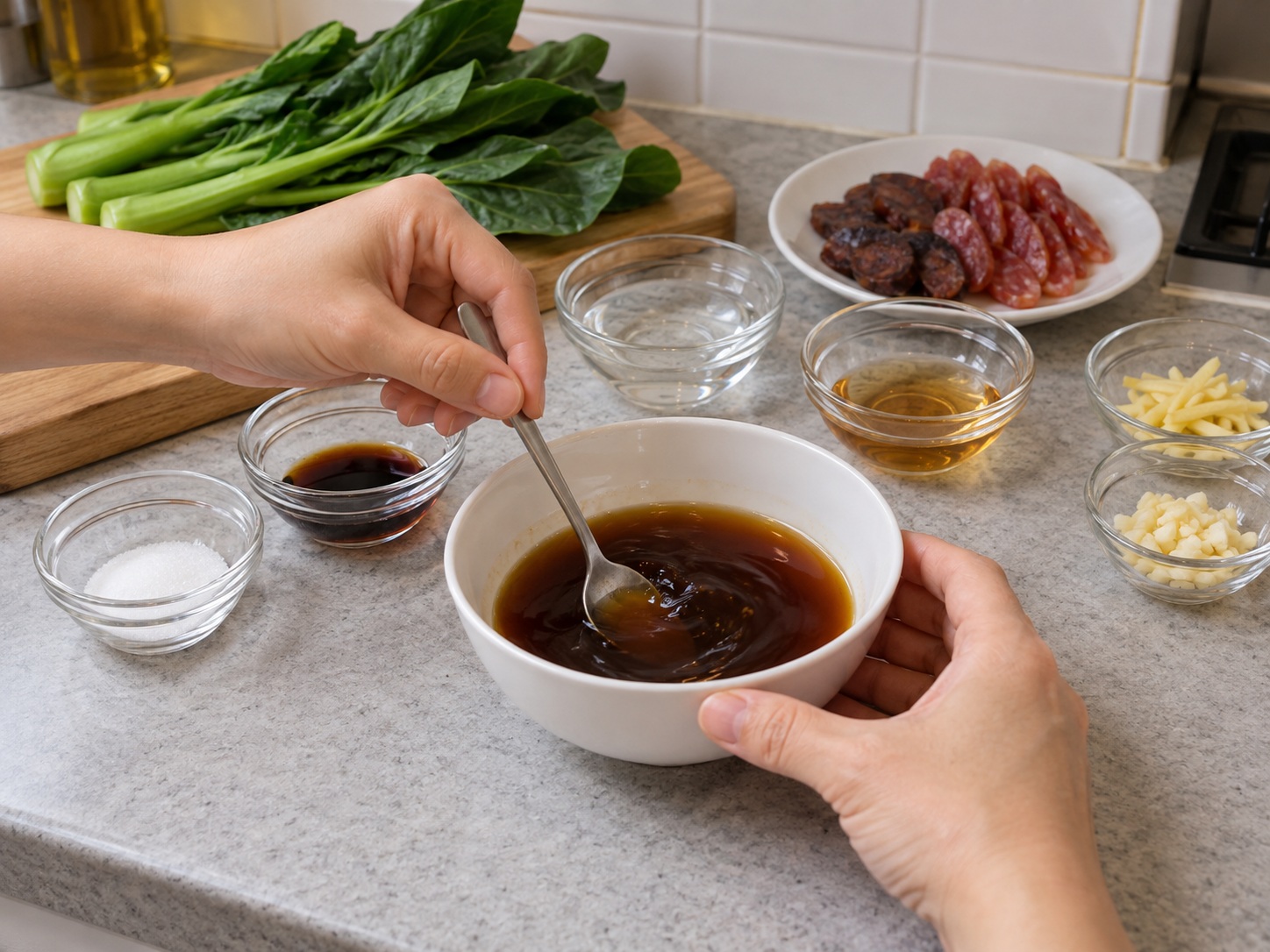 Cantonese Stir-Fried Chinese Broccoli with Cured Meats — Mix stir-fry sauce