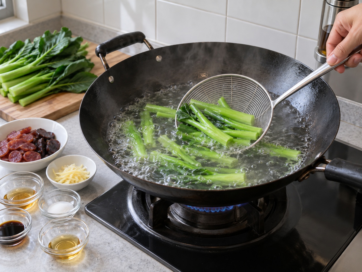 Cantonese Stir-Fried Chinese Broccoli with Cured Meats — Blanch stems