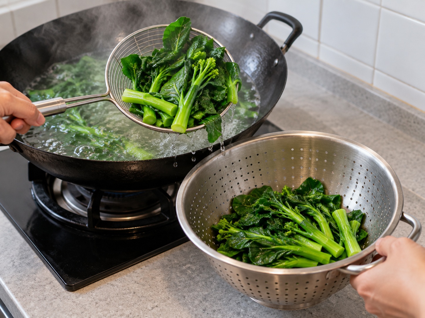 Cantonese Stir-Fried Chinese Broccoli with Cured Meats — Blanch leaves