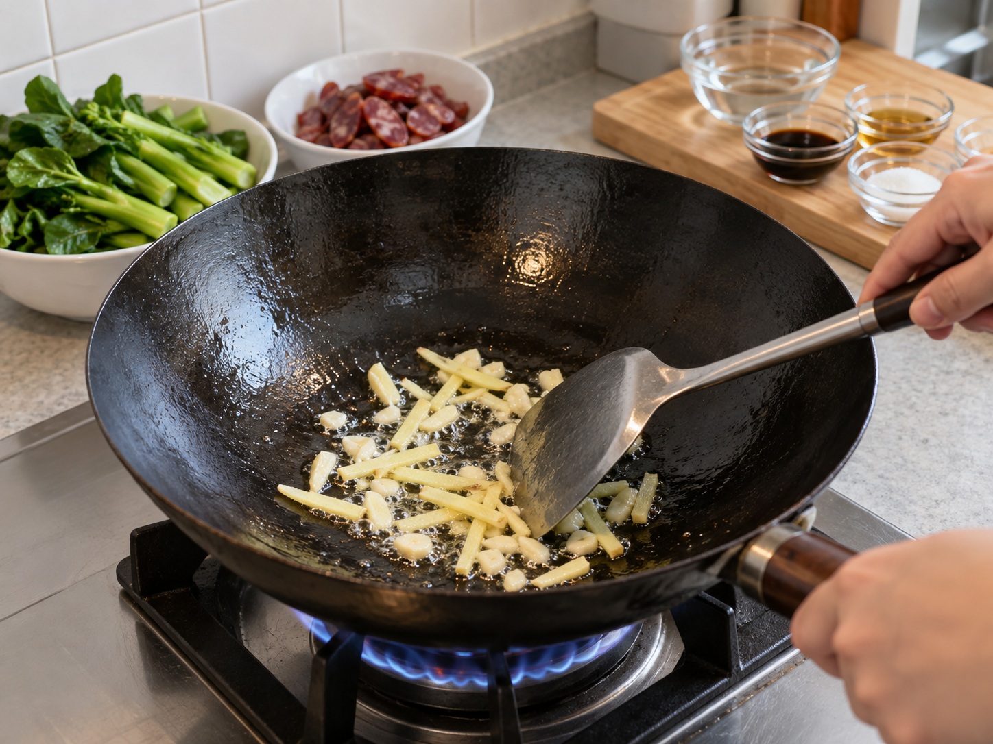 Cantonese Stir-Fried Chinese Broccoli with Cured Meats — Fry aromatics