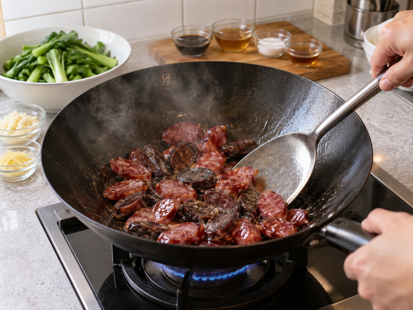 Cantonese Stir-Fried Chinese Broccoli with Cured Meats — Heat cured meats