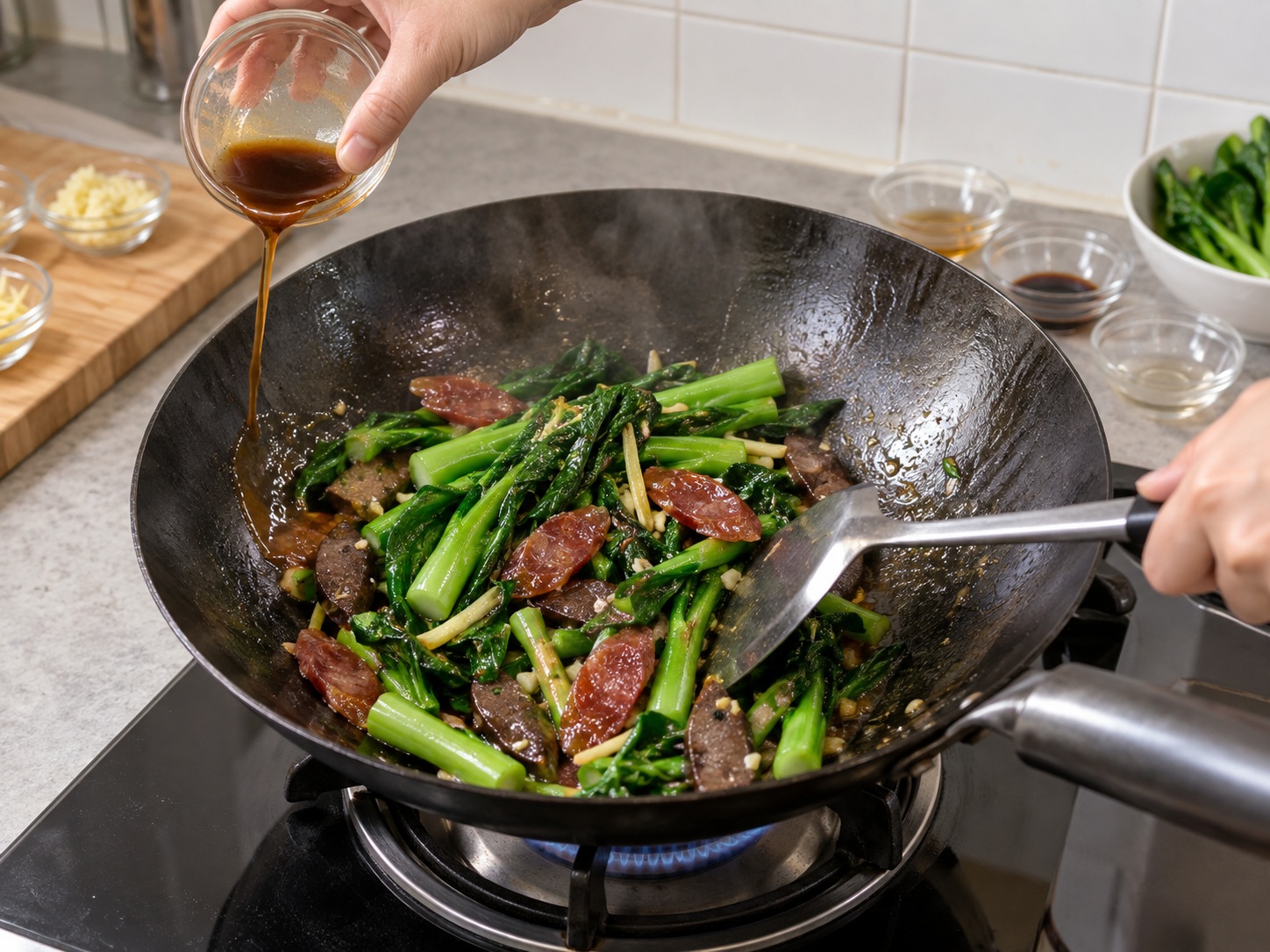 Cantonese Stir-Fried Chinese Broccoli with Cured Meats — Add sauce