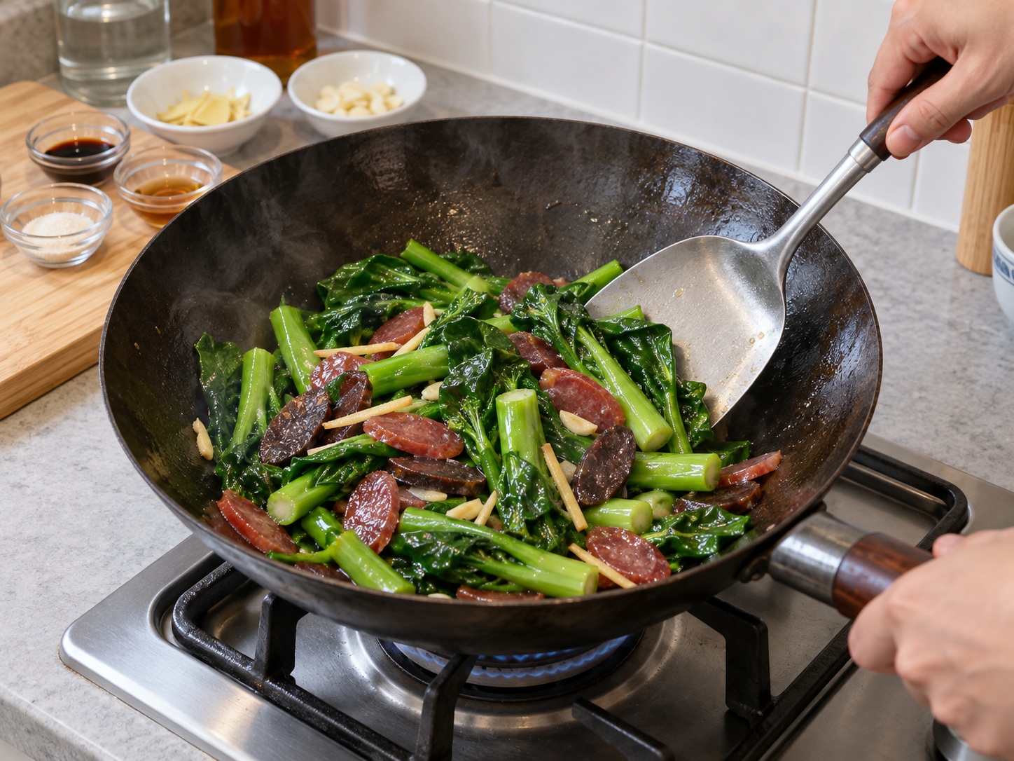 Cantonese Stir-Fried Chinese Broccoli with Cured Meats — Check doneness