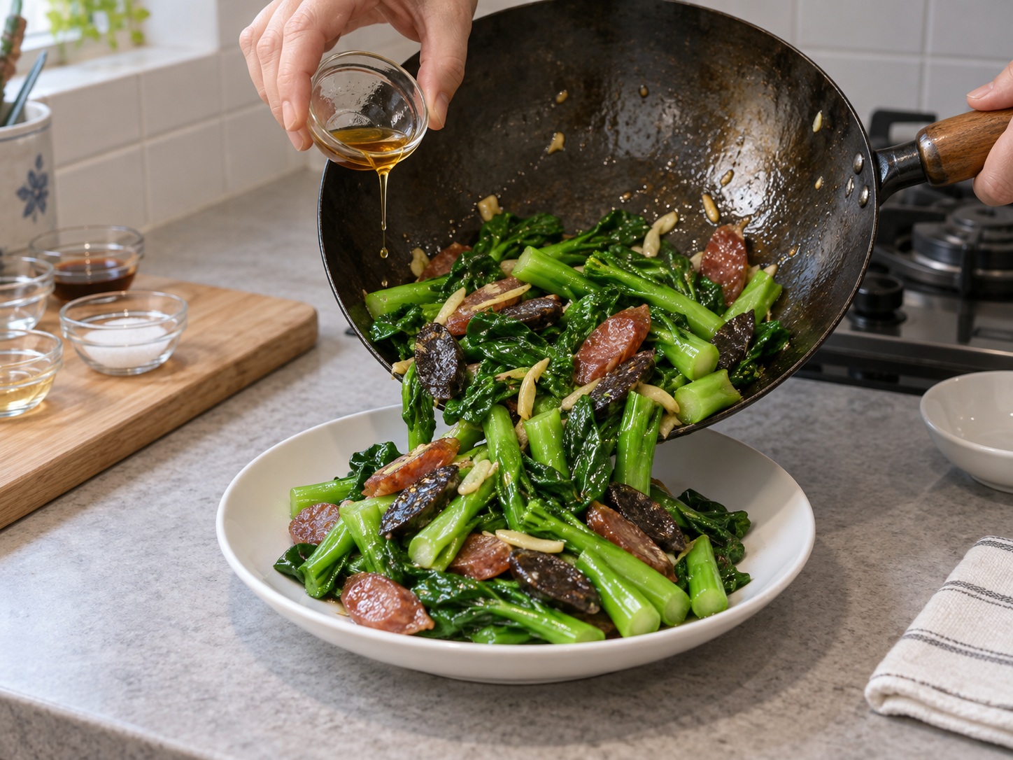 Cantonese Stir-Fried Chinese Broccoli with Cured Meats — Finish and serve
