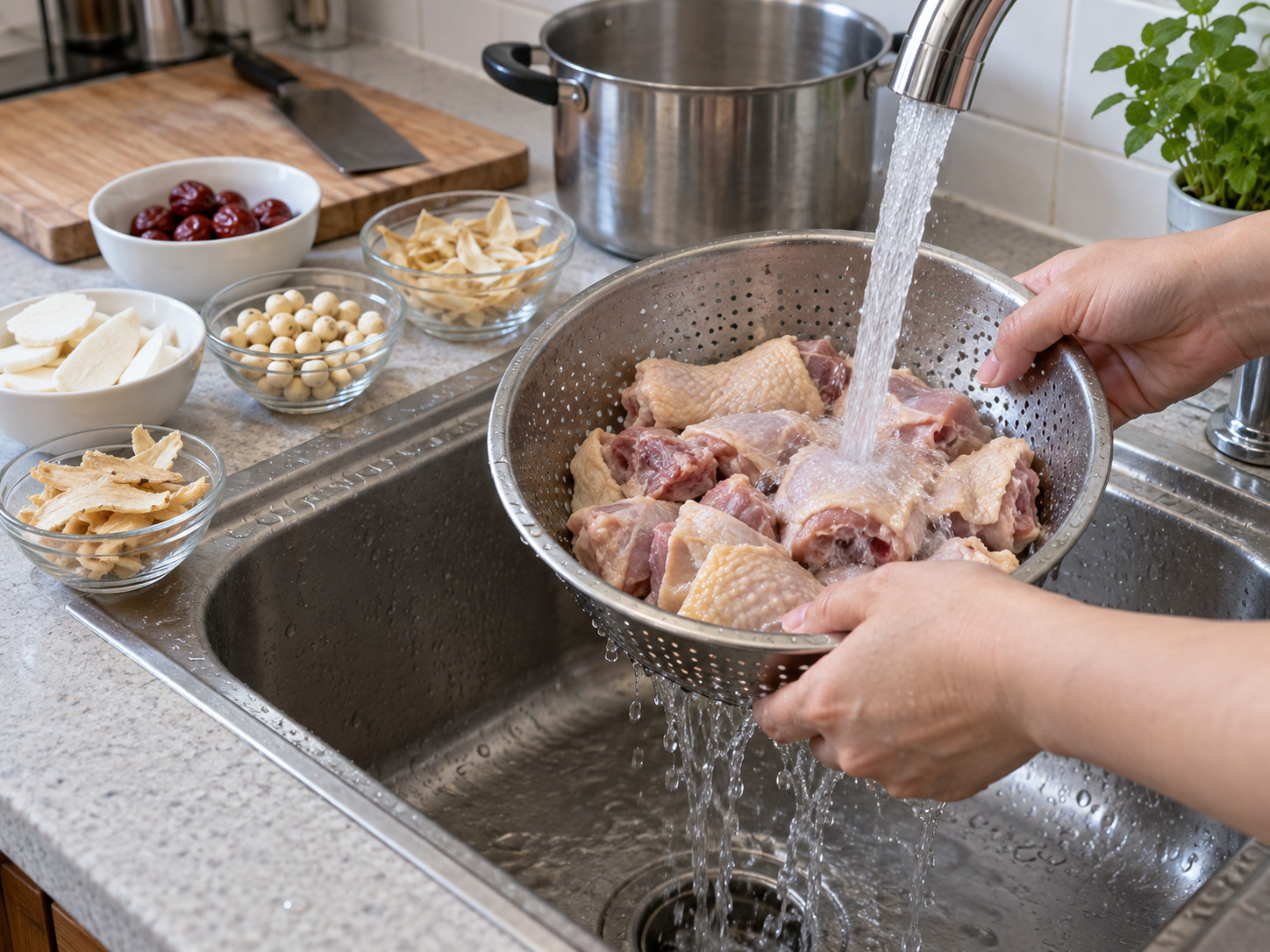 廣東清補涼雞湯 — 雞件用冷水沖洗