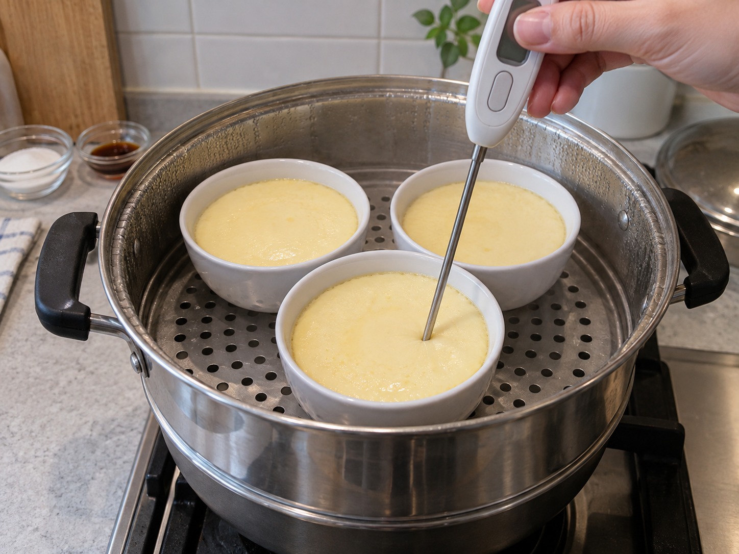 椰汁燉蛋 — 把食物溫度計插入中心,繼續蒸至至少七十五度及蛋液完全凝固