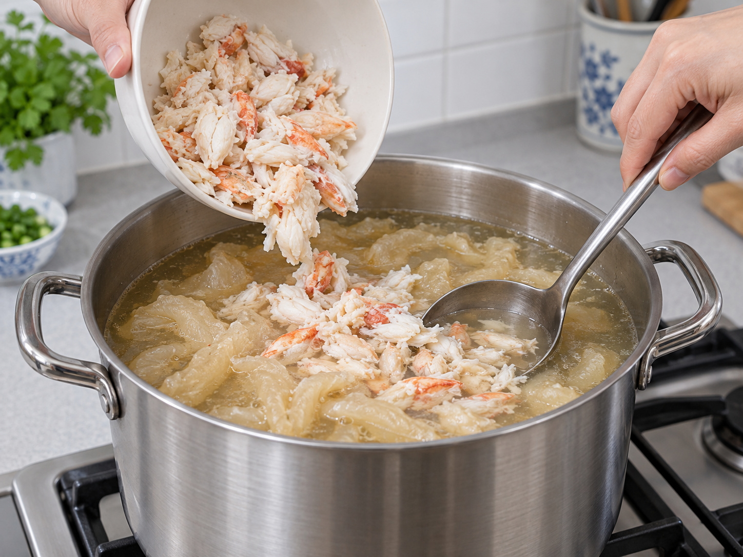 Cantonese Crab Meat and Fish Maw Thick Soup — Add cooked crab