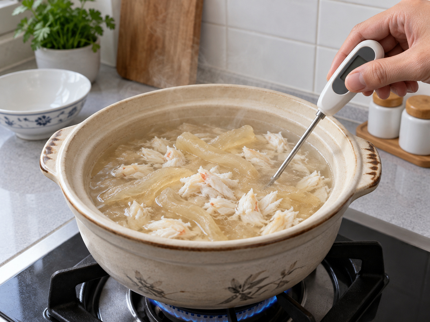 Cantonese Crab Meat and Fish Maw Thick Soup — Season and reheat